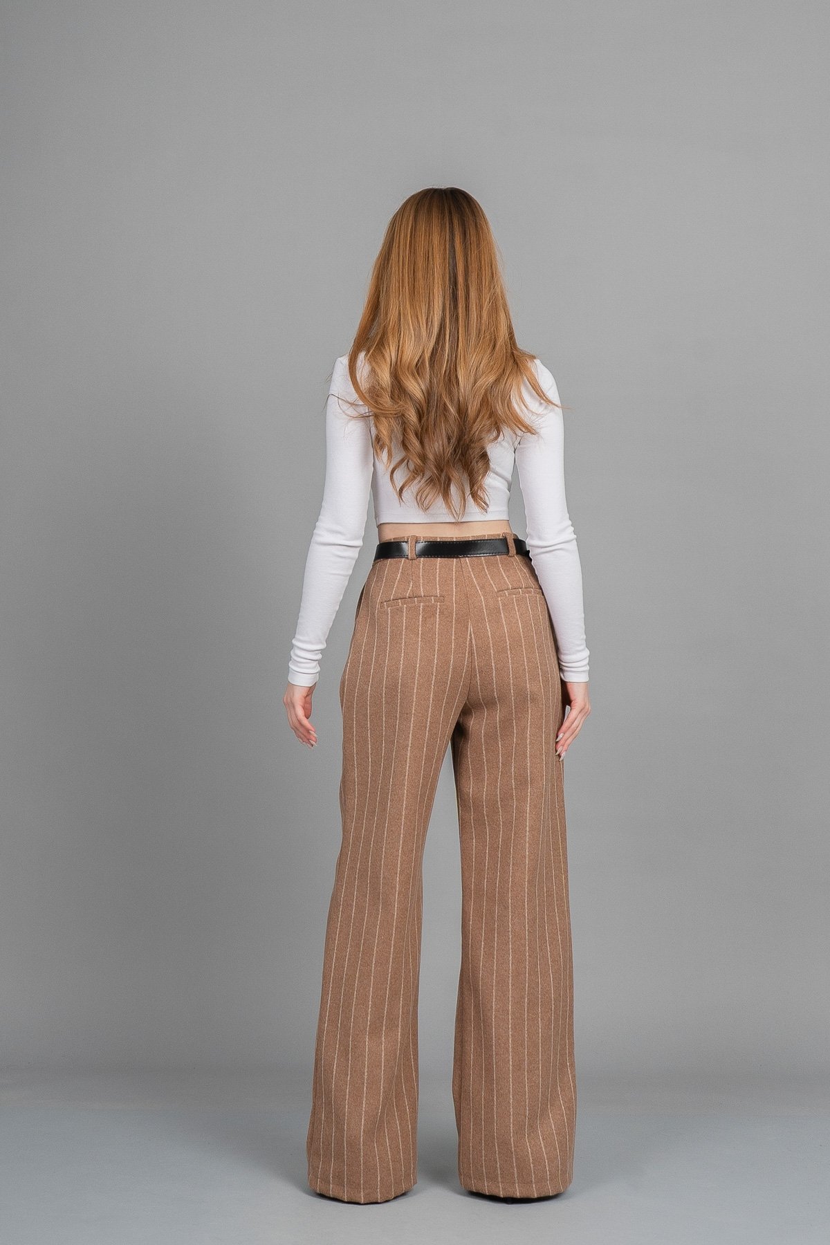 Yüksek Bel Çizgili Kaşe Bol Paça Kemerli Cepli Kadın Kışlık Pantolon – MissVina 30345