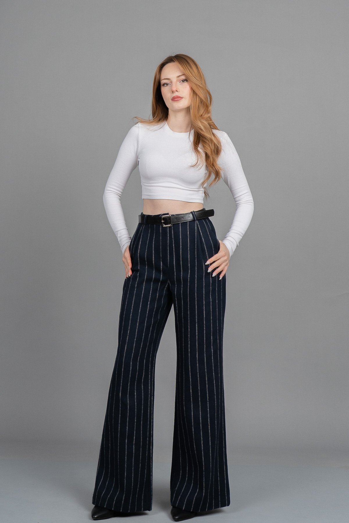 Yüksek Bel Çizgili Kaşe Bol Paça Kemerli Cepli Kadın Kışlık Pantolon – MissVina 30345