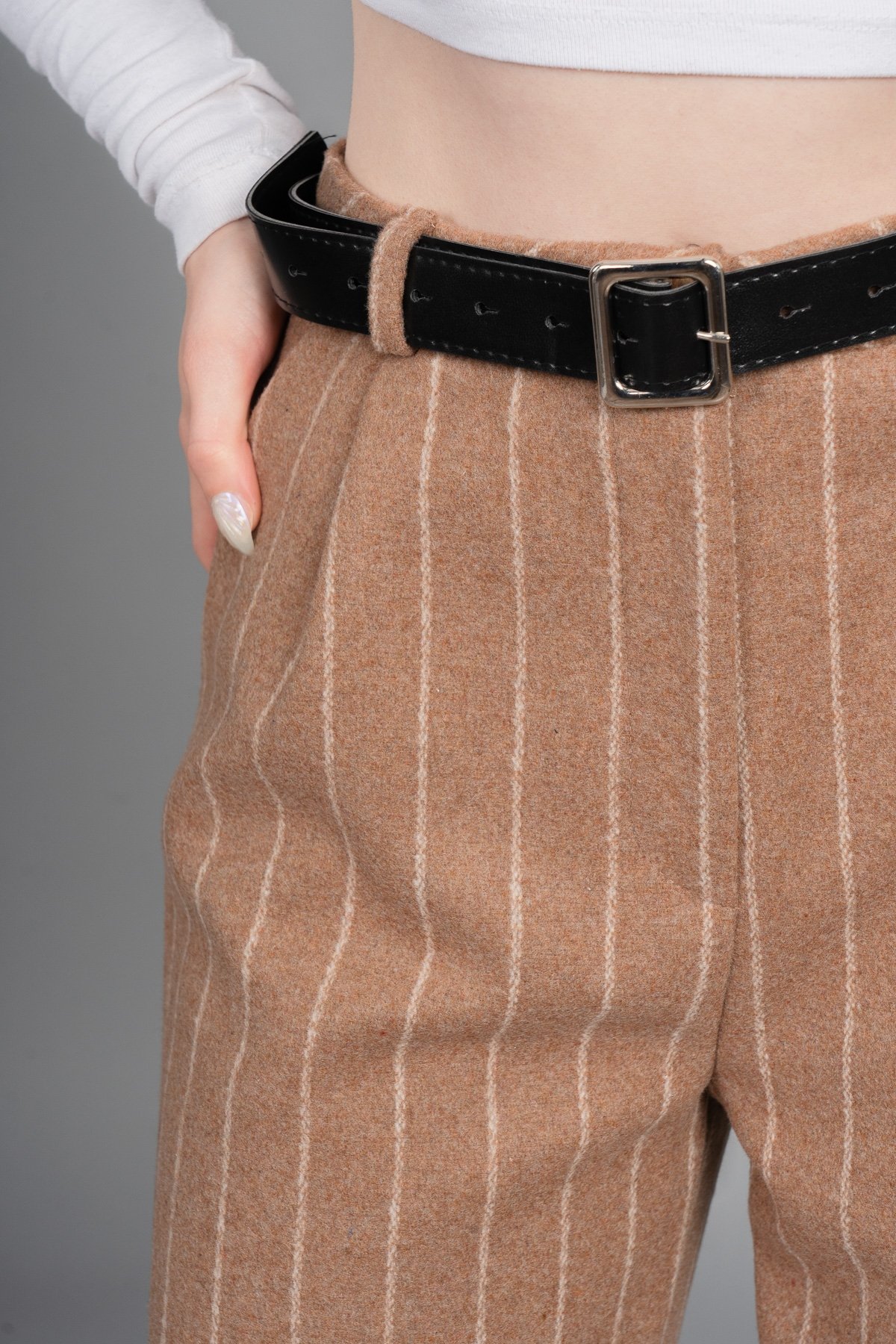Yüksek Bel Çizgili Kaşe Bol Paça Kemerli Cepli Kadın Kışlık Pantolon – MissVina 30345