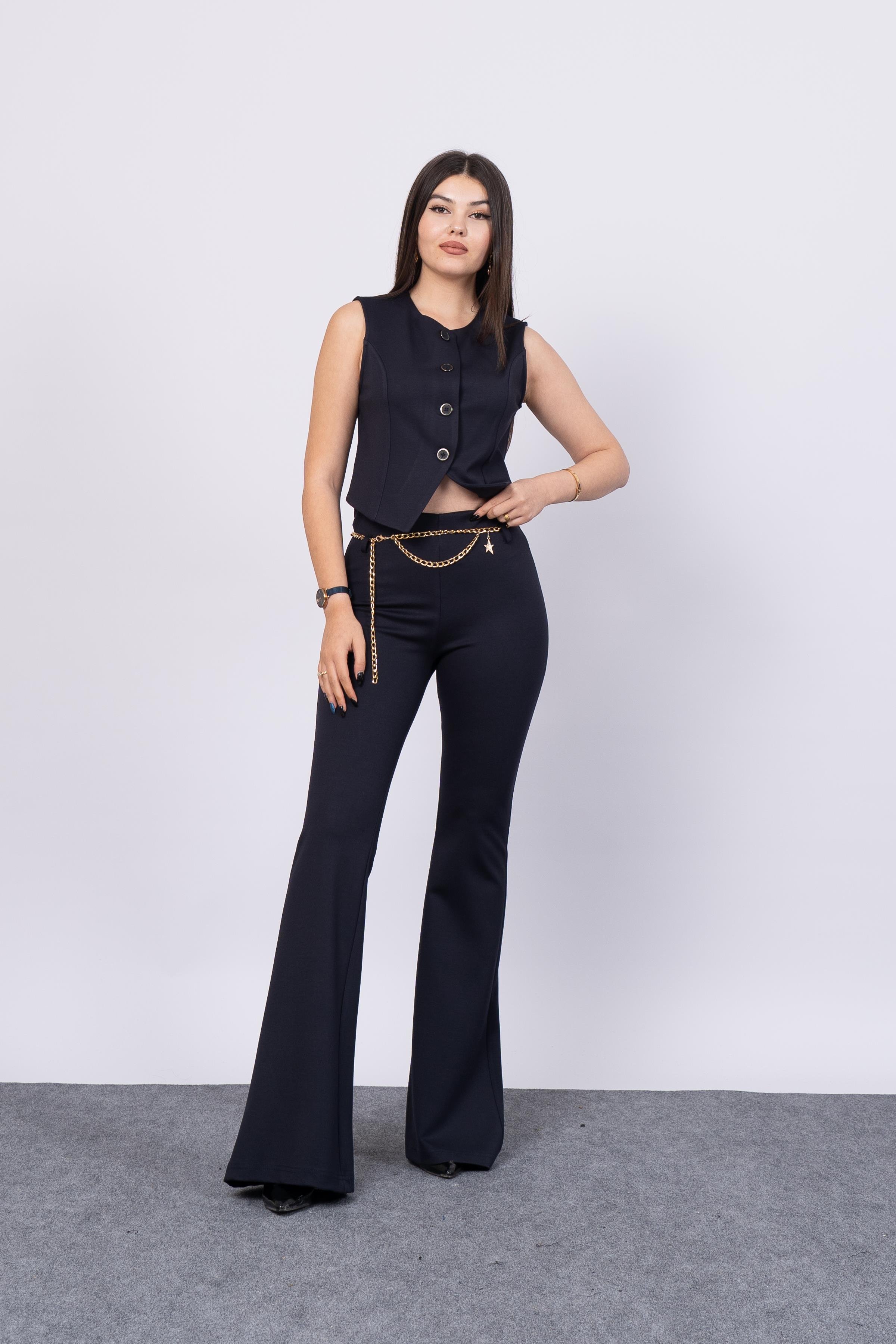 Zincir Detaylı Çelik Örme İspanyol Paça Pantolon 30198