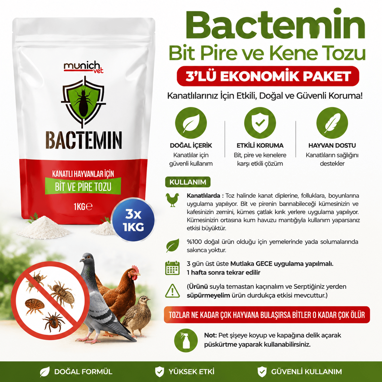Bactemin Bit, Pire ve Kene Tozu 3 x 1 KG Ekonomik Paket