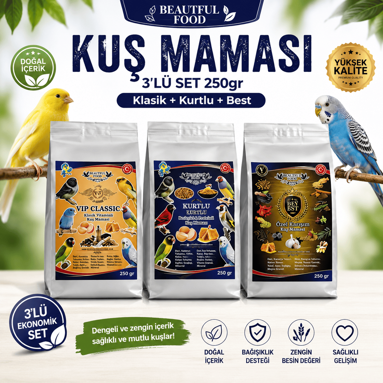 Beautful Food Kuş Maması 250 gr 3'lü Set | Klasik + Kurtlu + Best
