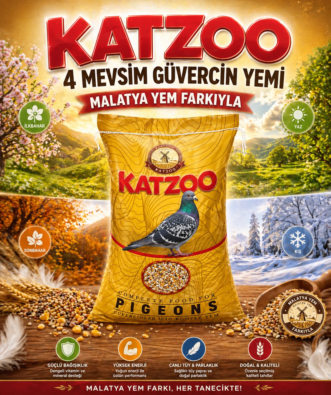 Katzoo Dört Mevsim Karışık Güvercin Yemi - 20 Kg