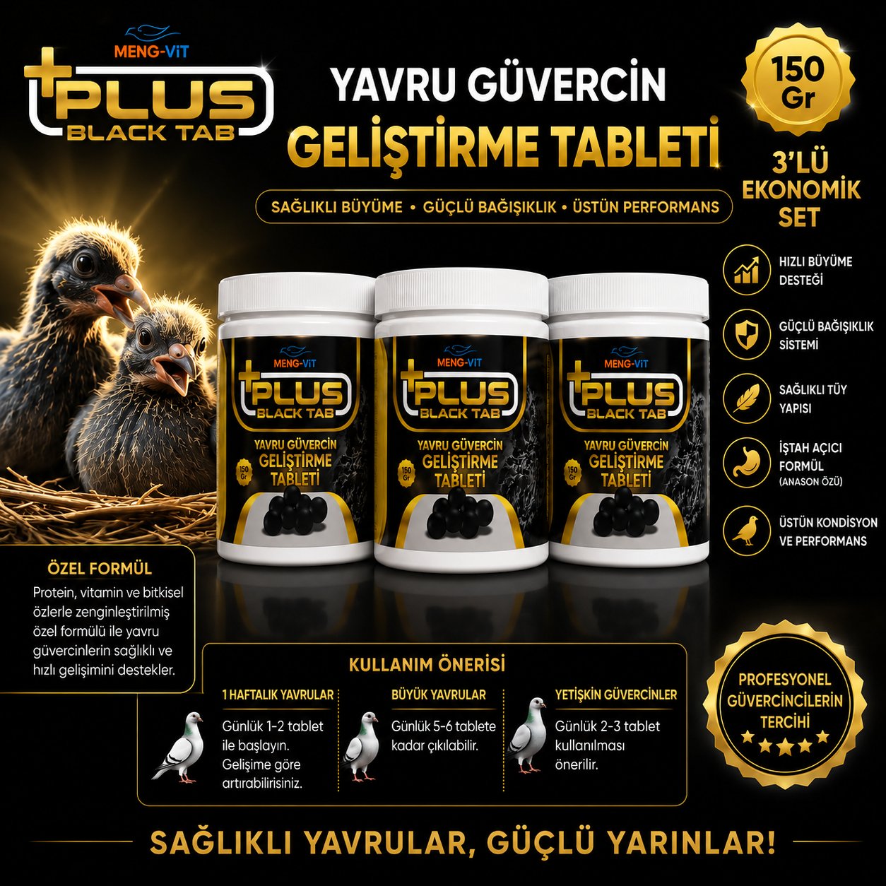 Meng-Vit Plus Black Tab Yavru Hapı 150 Gr 3 Kutu | Güvercin Gelişim ve Protein Desteği