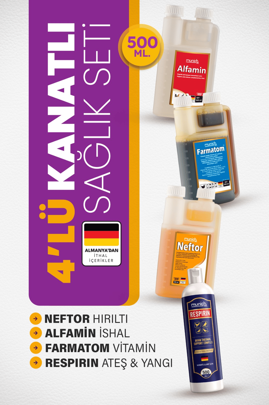 Munich Vet 4'lü Kanatlı Set 500 ml | Neftor, Alfamin, Farmatom, Respirin