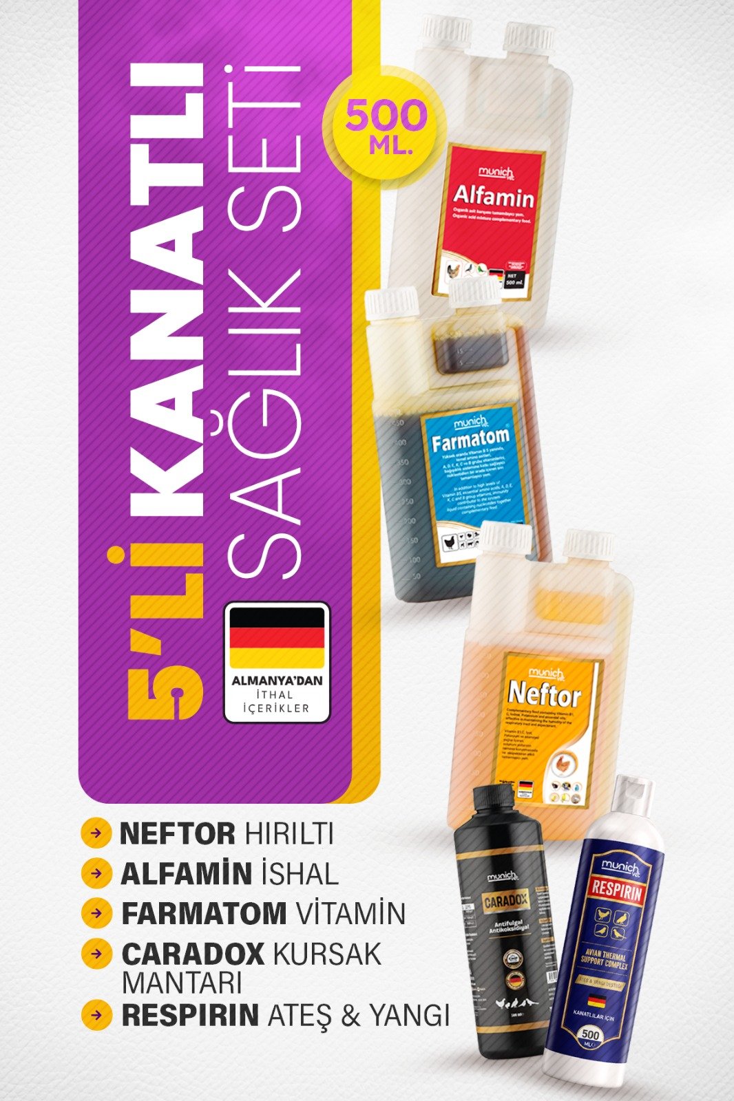 Munich Vet 5'li Kanatlı Set 500 ml | Caradox, Neftor, Alfamin, Farmatom, Respirin