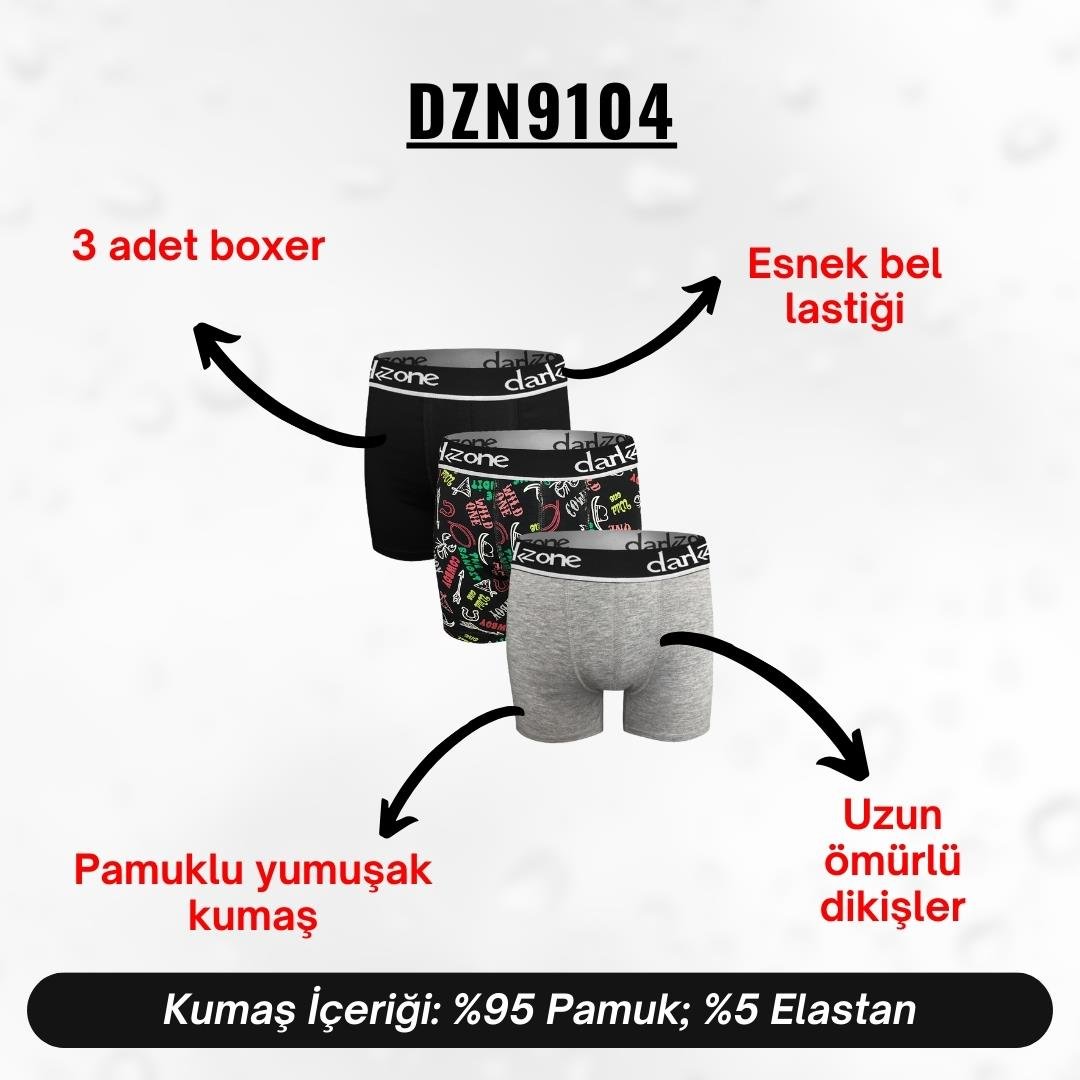 Erkek Boxer Pamuklu 3'lü Set - DZN9104