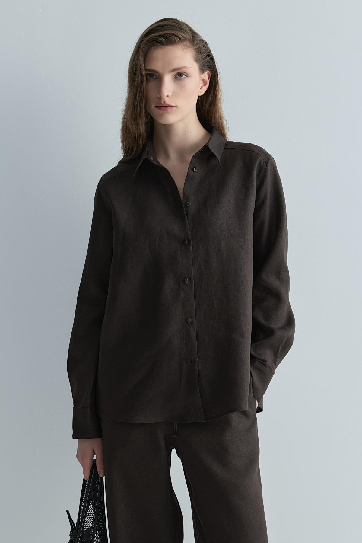 Acı Kahve %100 Keten Nora Gömlek