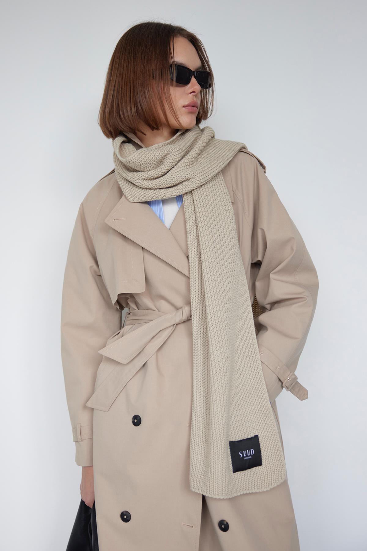 Beige Plain Knitted Knitwear Scarf