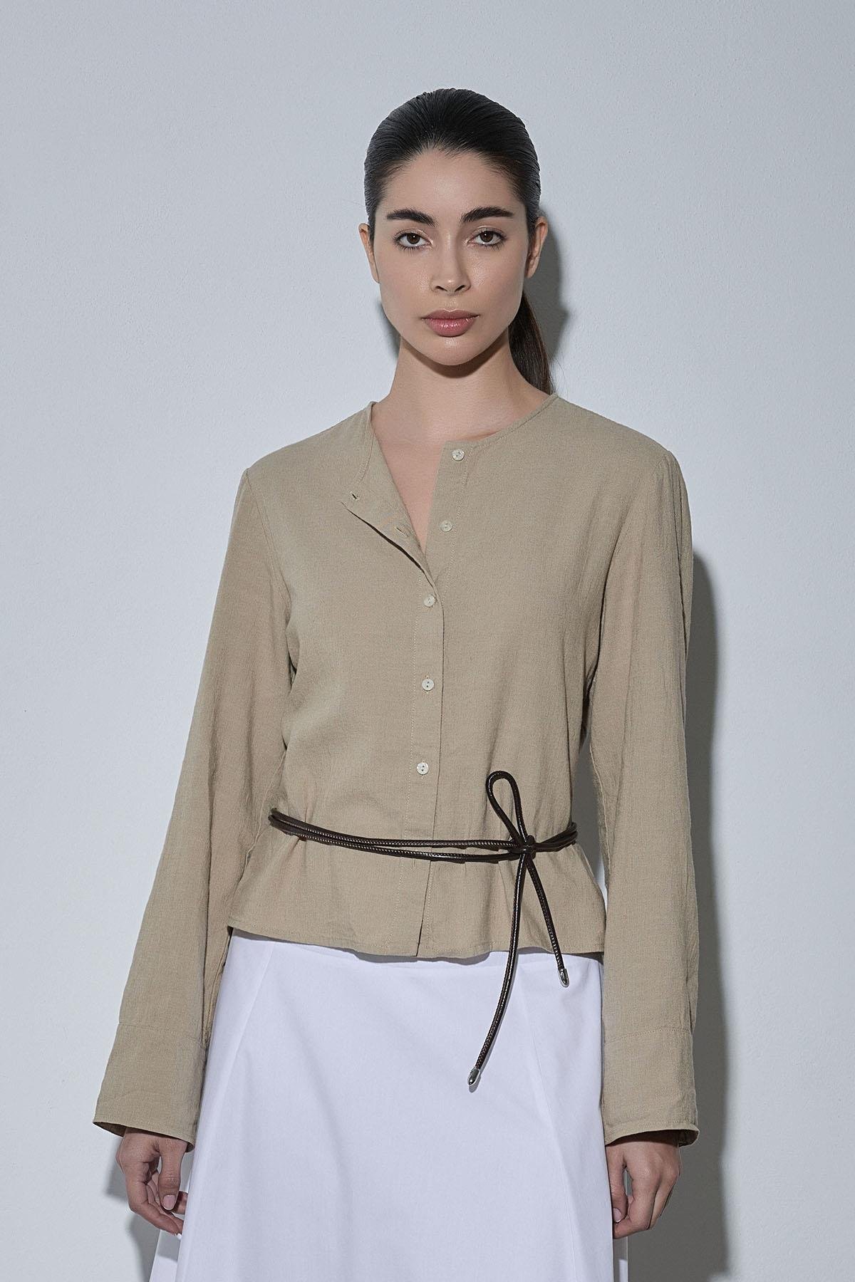 Bej Lizi Keten Gömlek