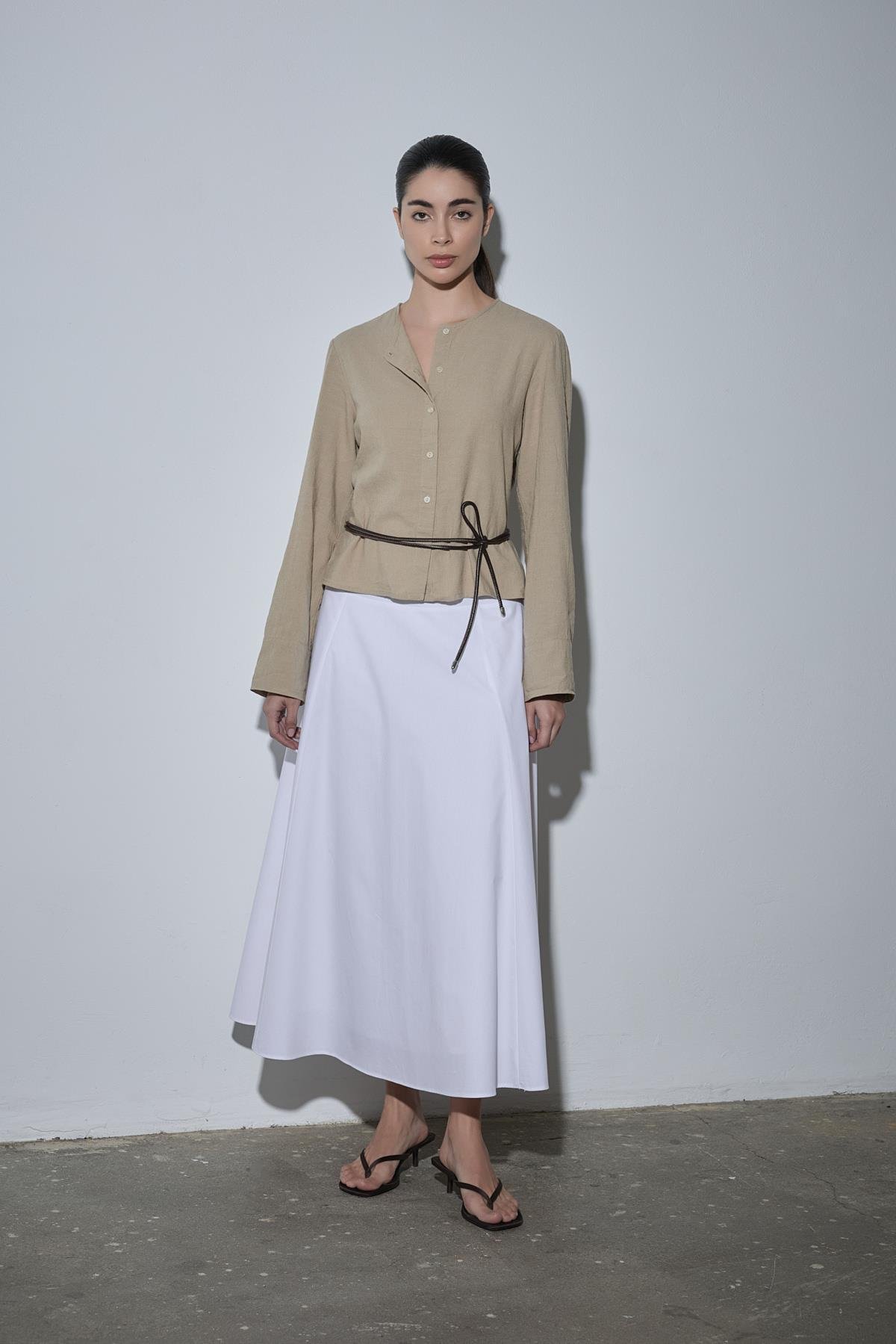 Bej Lizi Keten Gömlek