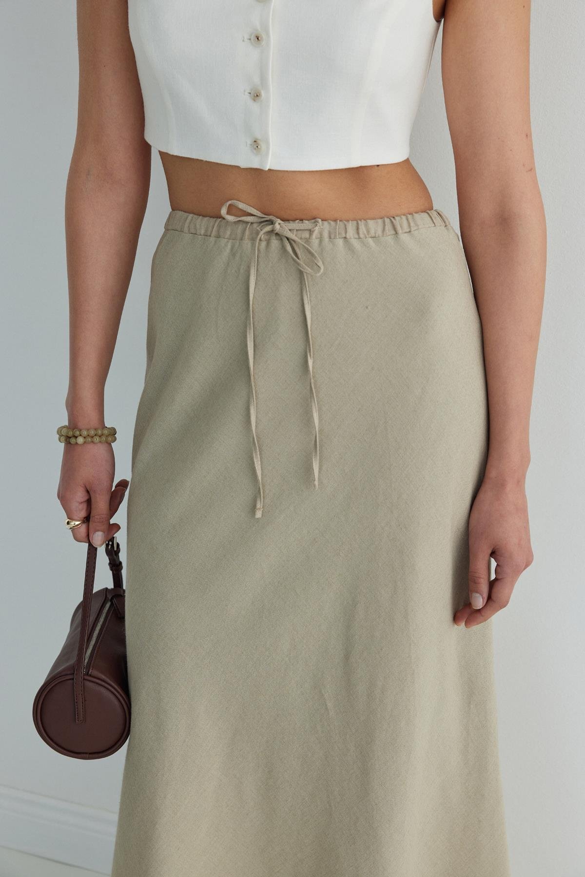 Bej Merve Keten Maxi Etek