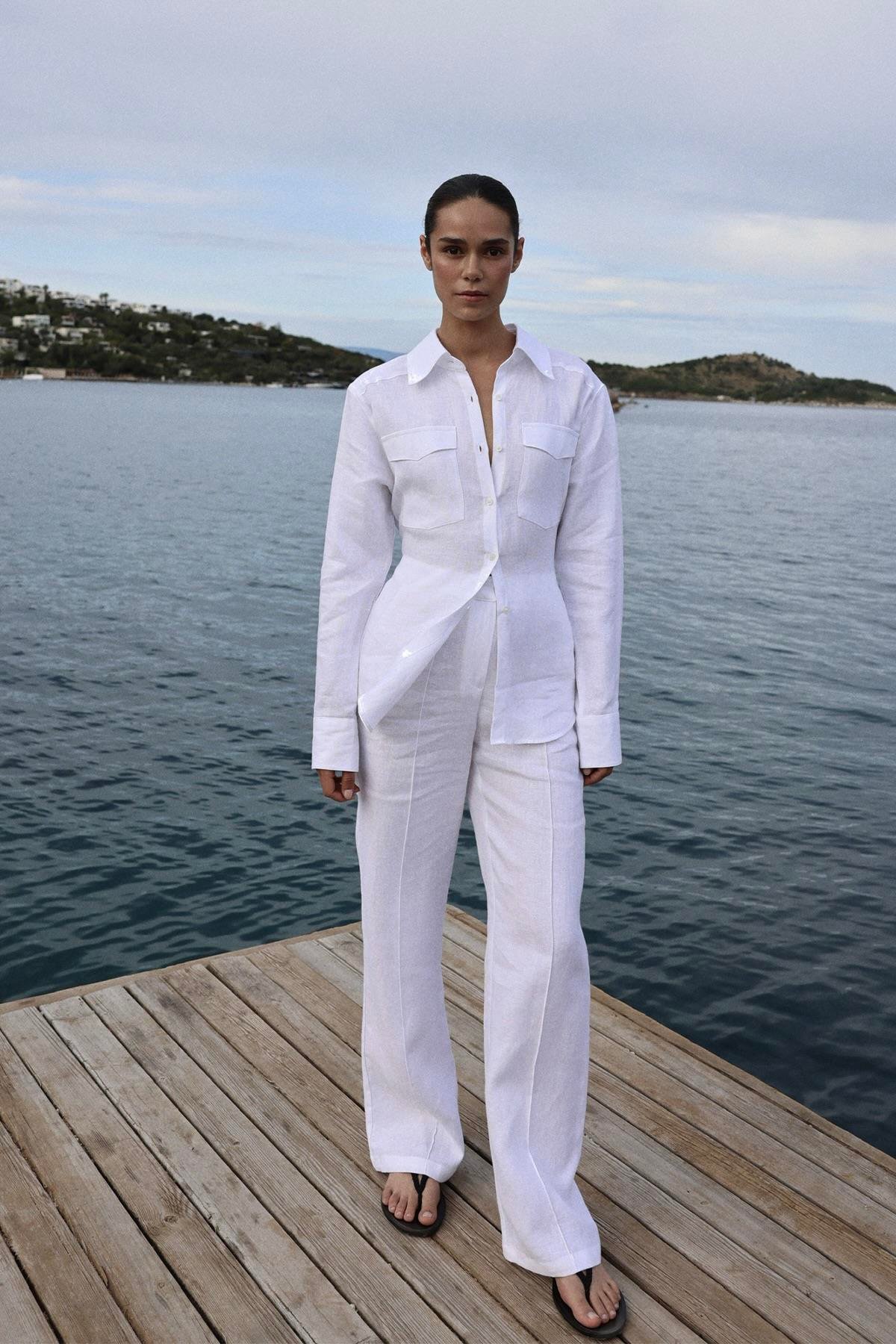 Beyaz %100 Keten Mill Cepli Pantolon