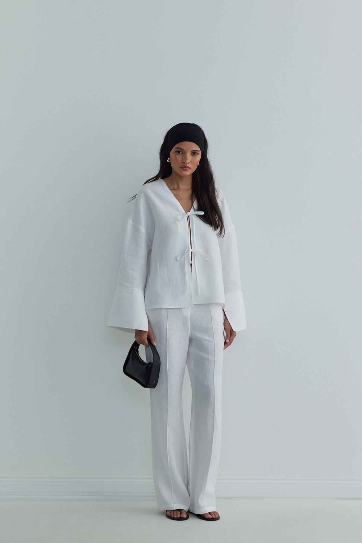 Beyaz %100 Keten Mill Cepli Pantolon