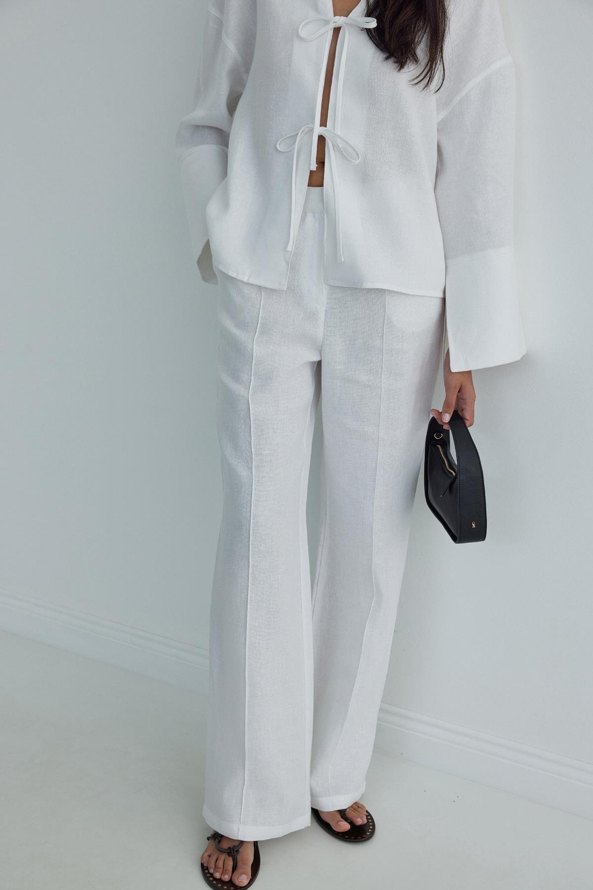 Beyaz %100 Keten Mill Cepli Pantolon