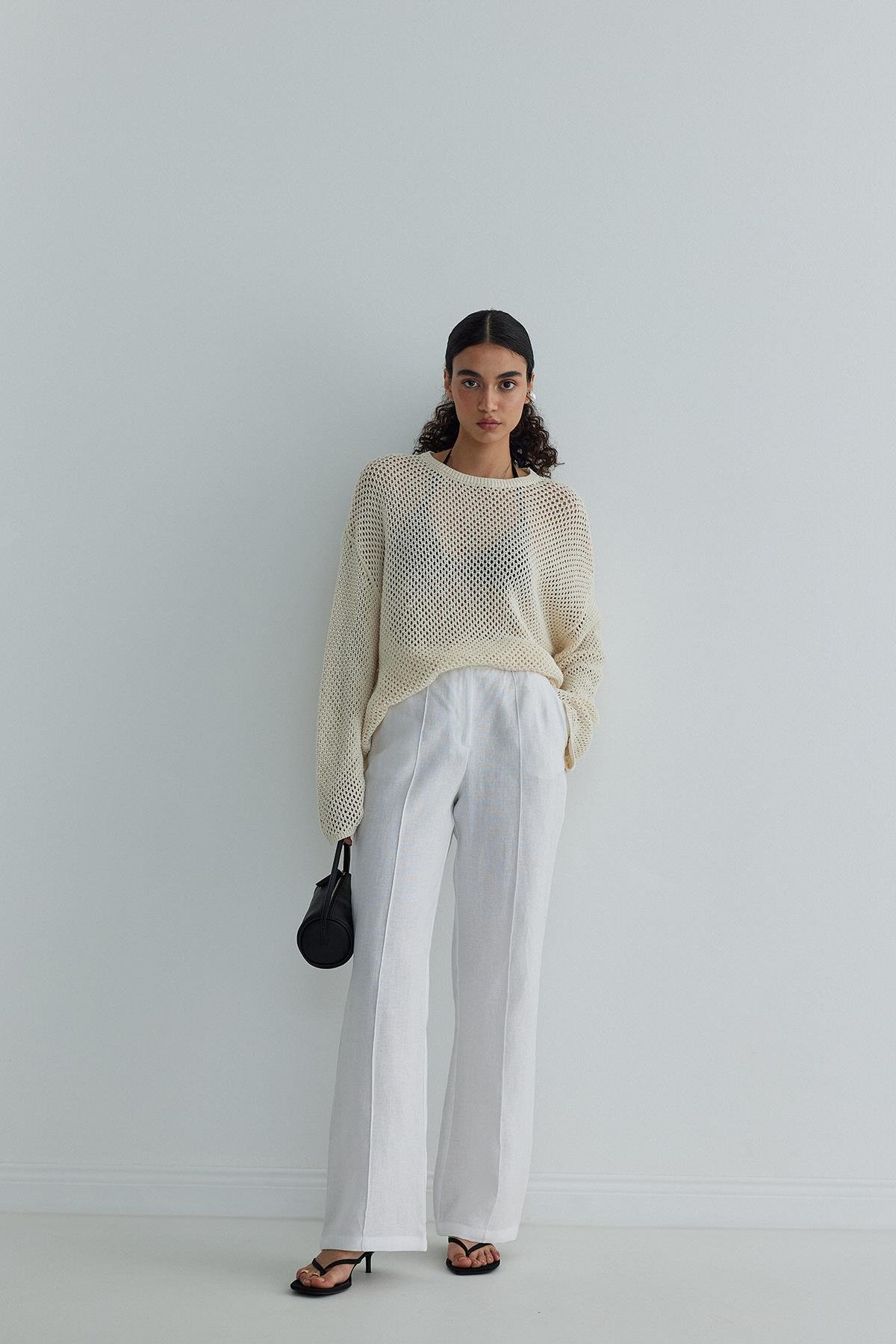 Beyaz %100 Keten Mill Cepli Pantolon