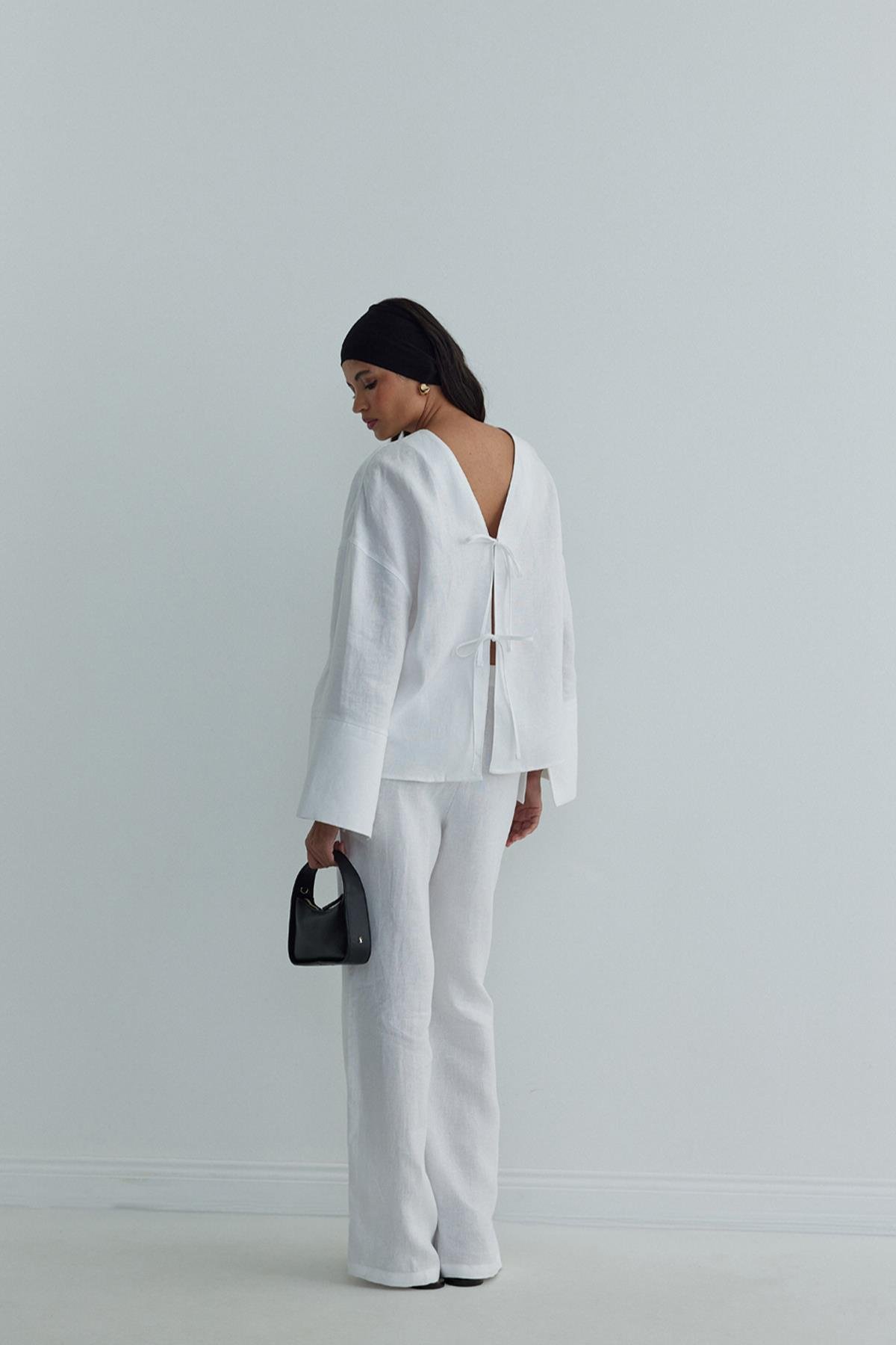 Beyaz %100 Keten Minnie Bağlamalı Bluz