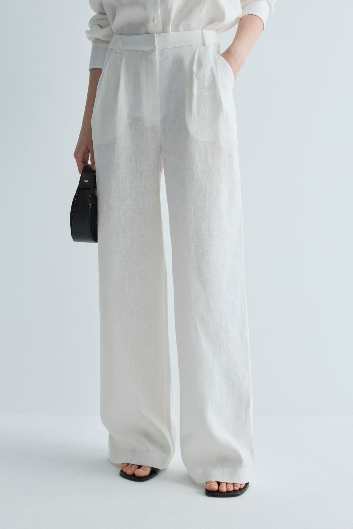 Beyaz %100 Keten Nora Pileli Pantolon