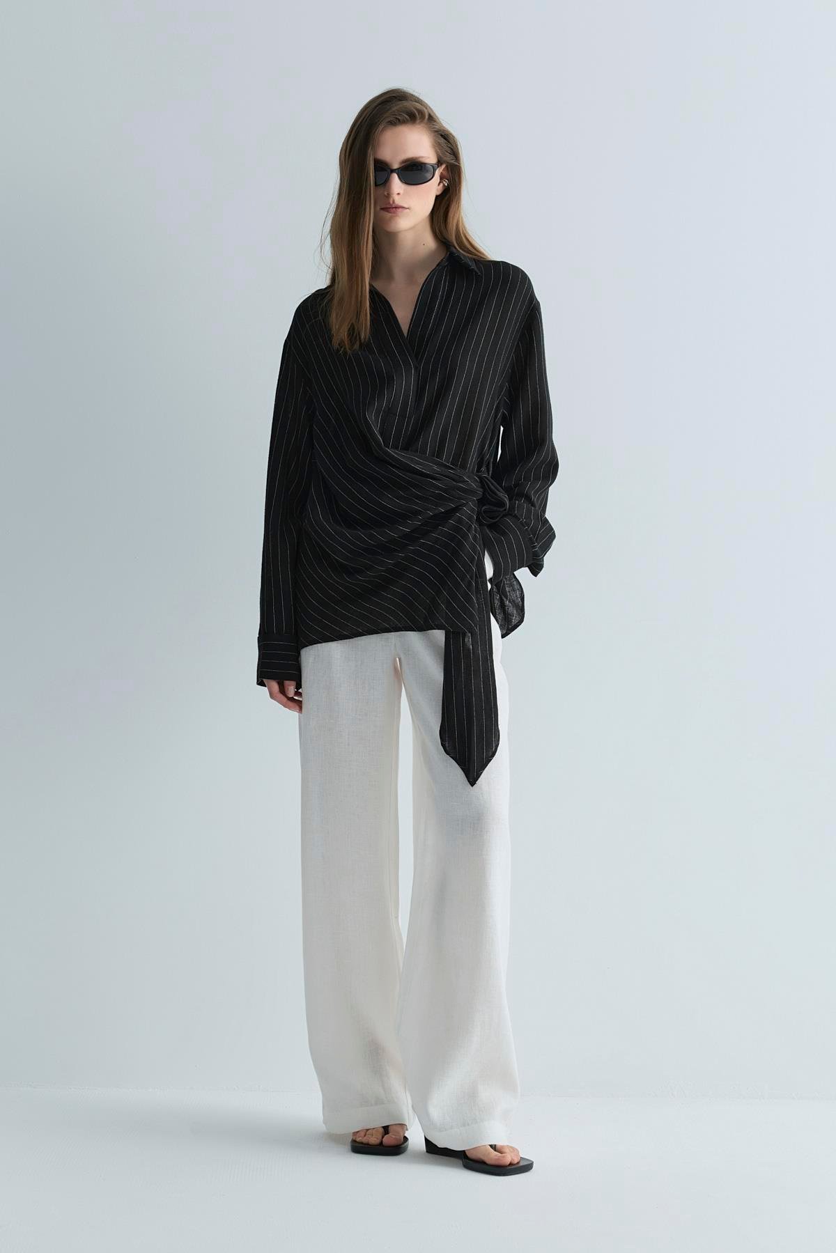 Beyaz %100 Keten Nora Pileli Pantolon