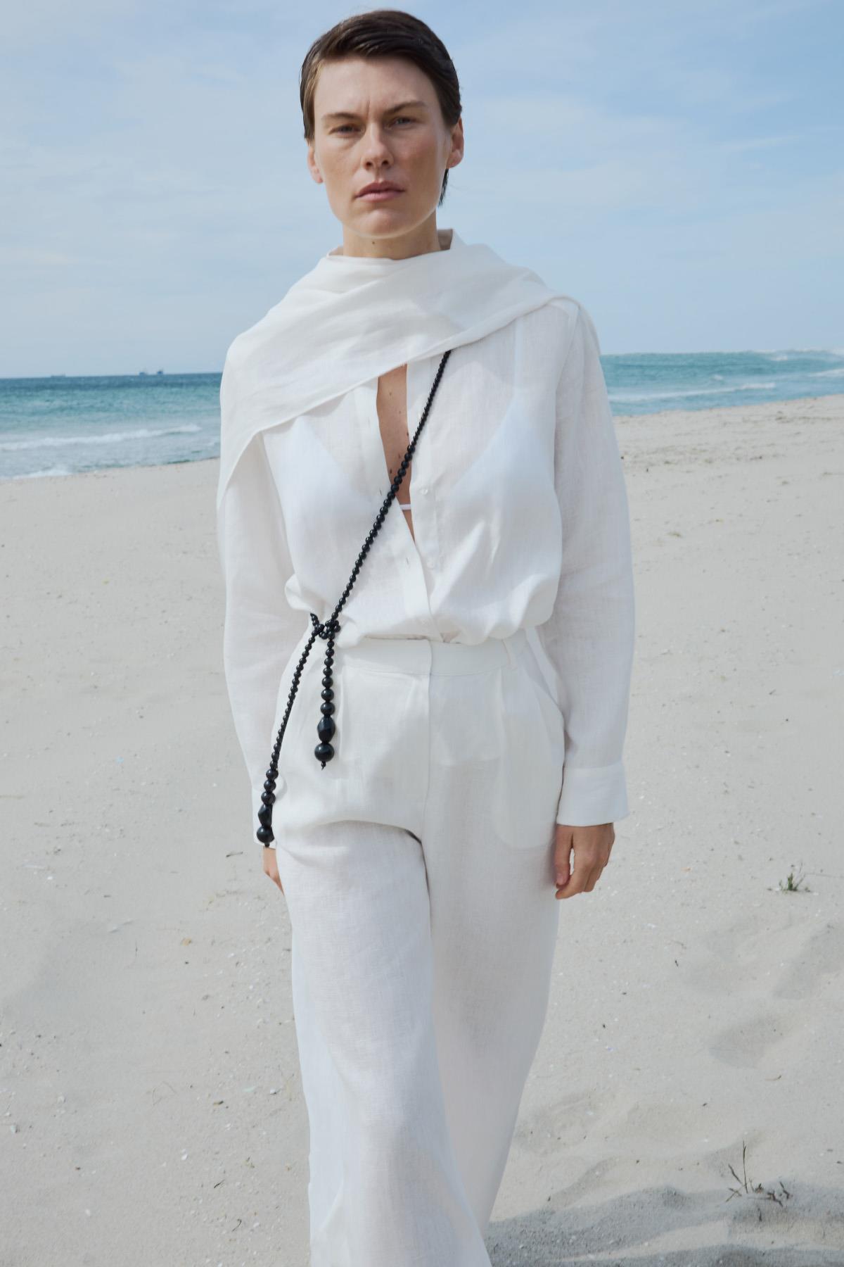 Beyaz %100 Keten Nora Pileli Pantolon