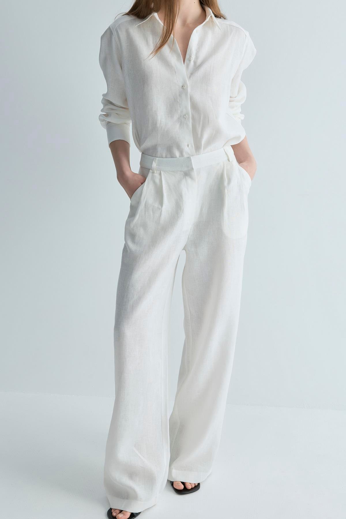 Beyaz %100 Keten Nora Pileli Pantolon