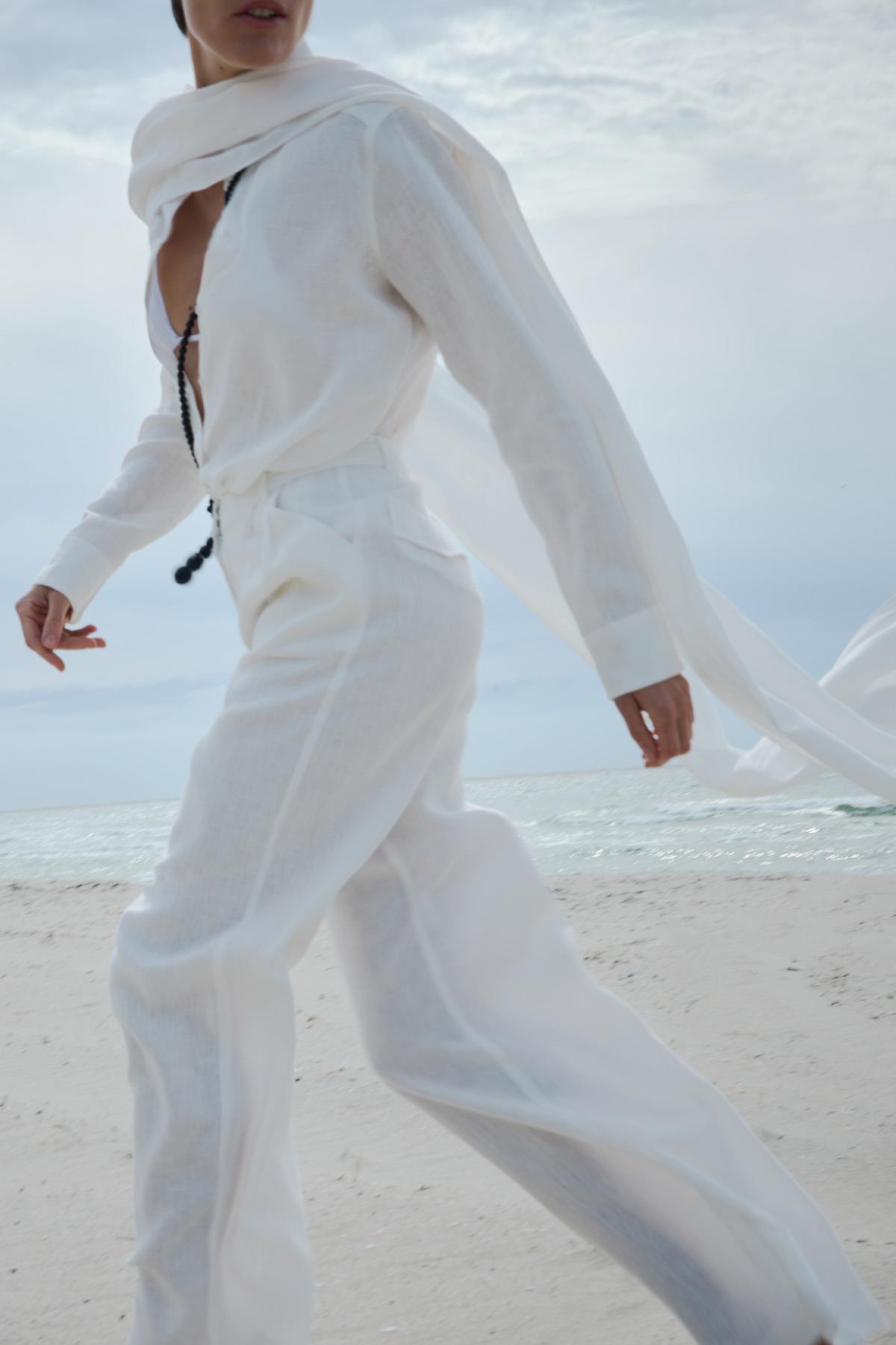 Beyaz %100 Keten Nora Pileli Pantolon