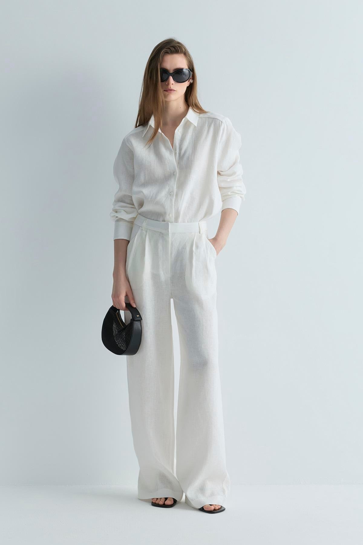 Beyaz %100 Keten Nora Pileli Pantolon