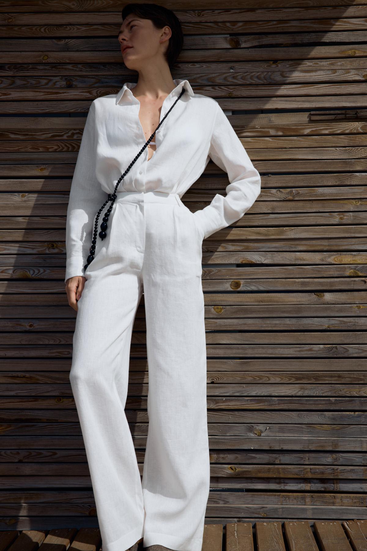 Beyaz %100 Keten Nora Pileli Pantolon