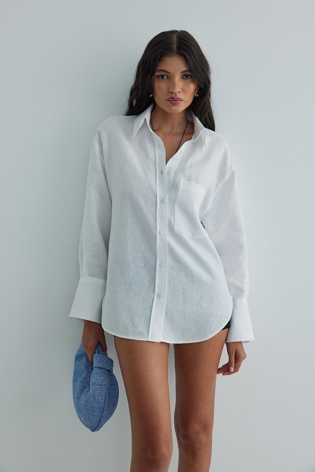 Beyaz %100 Keten Tina Cepli Basic Gömlek