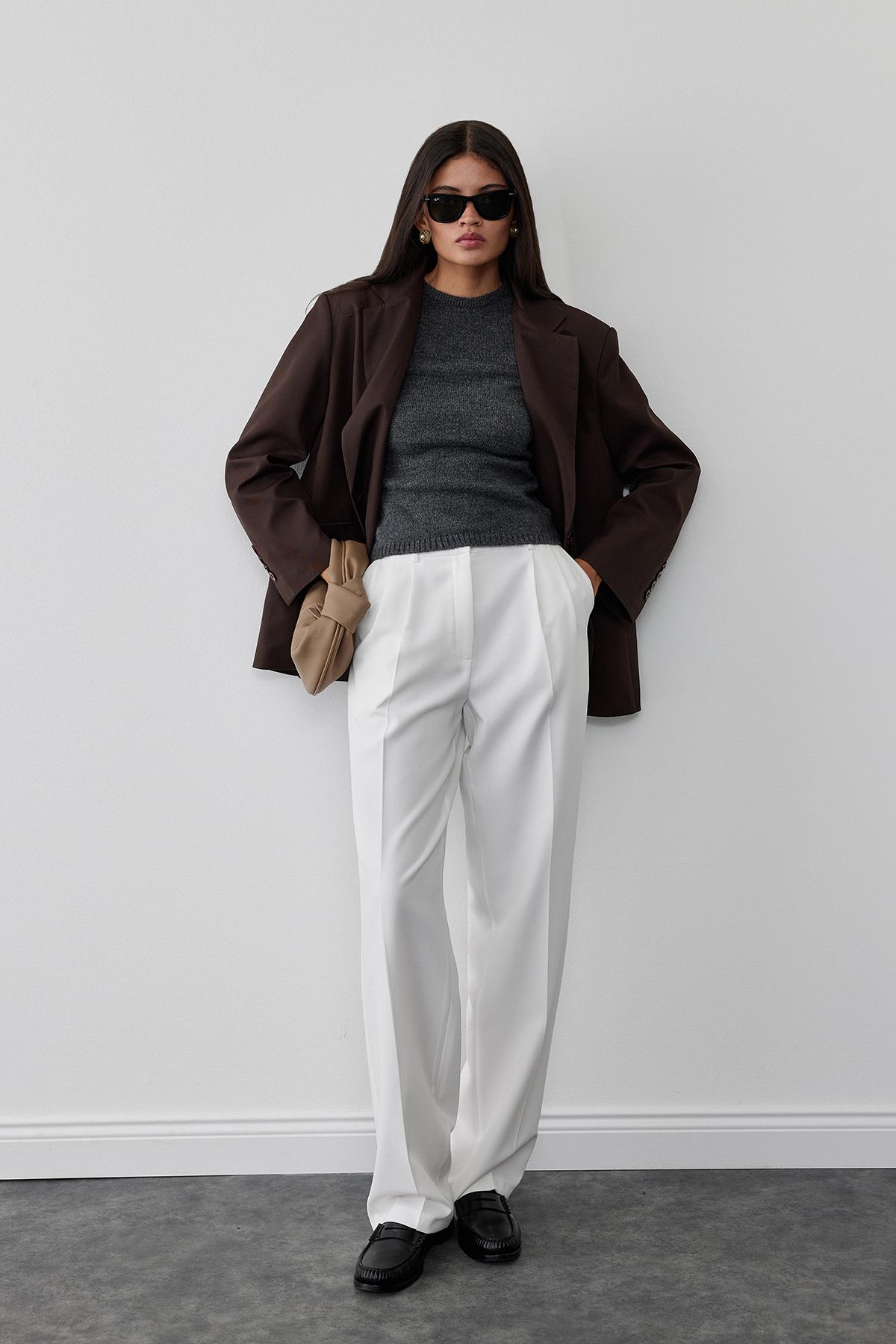 White Daily Straight Fabric Trousers