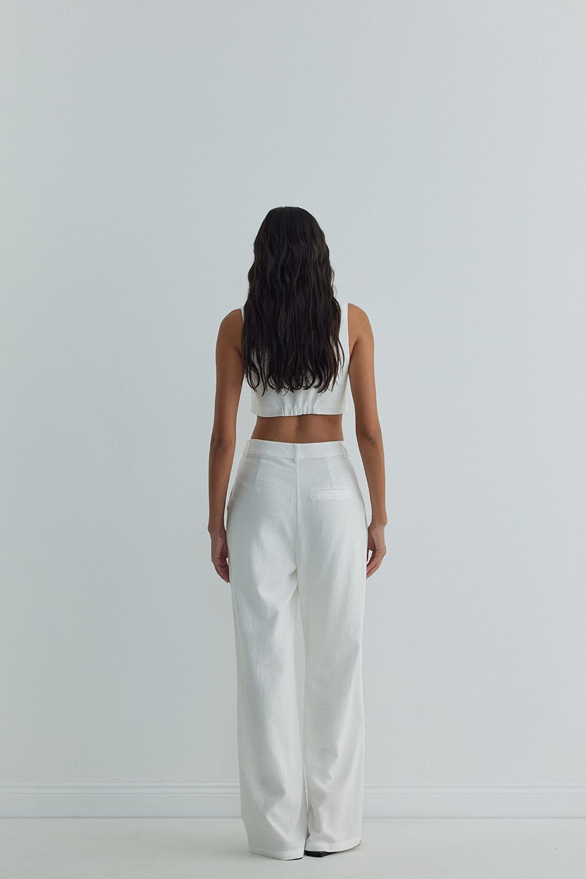 Beyaz Gabriel Tek Pileli Keten Pantolon