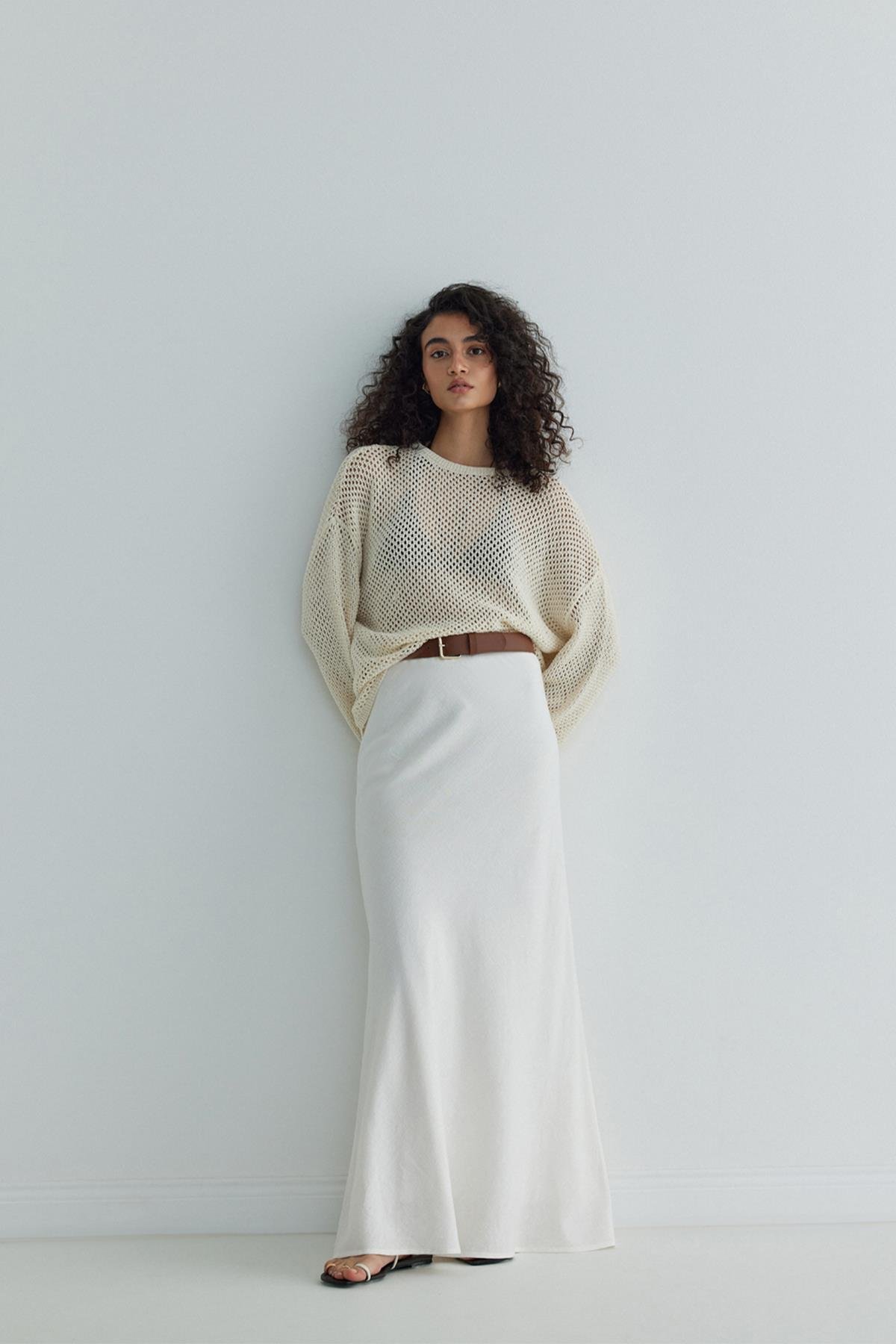 Beyaz Merve Keten Maxi Etek