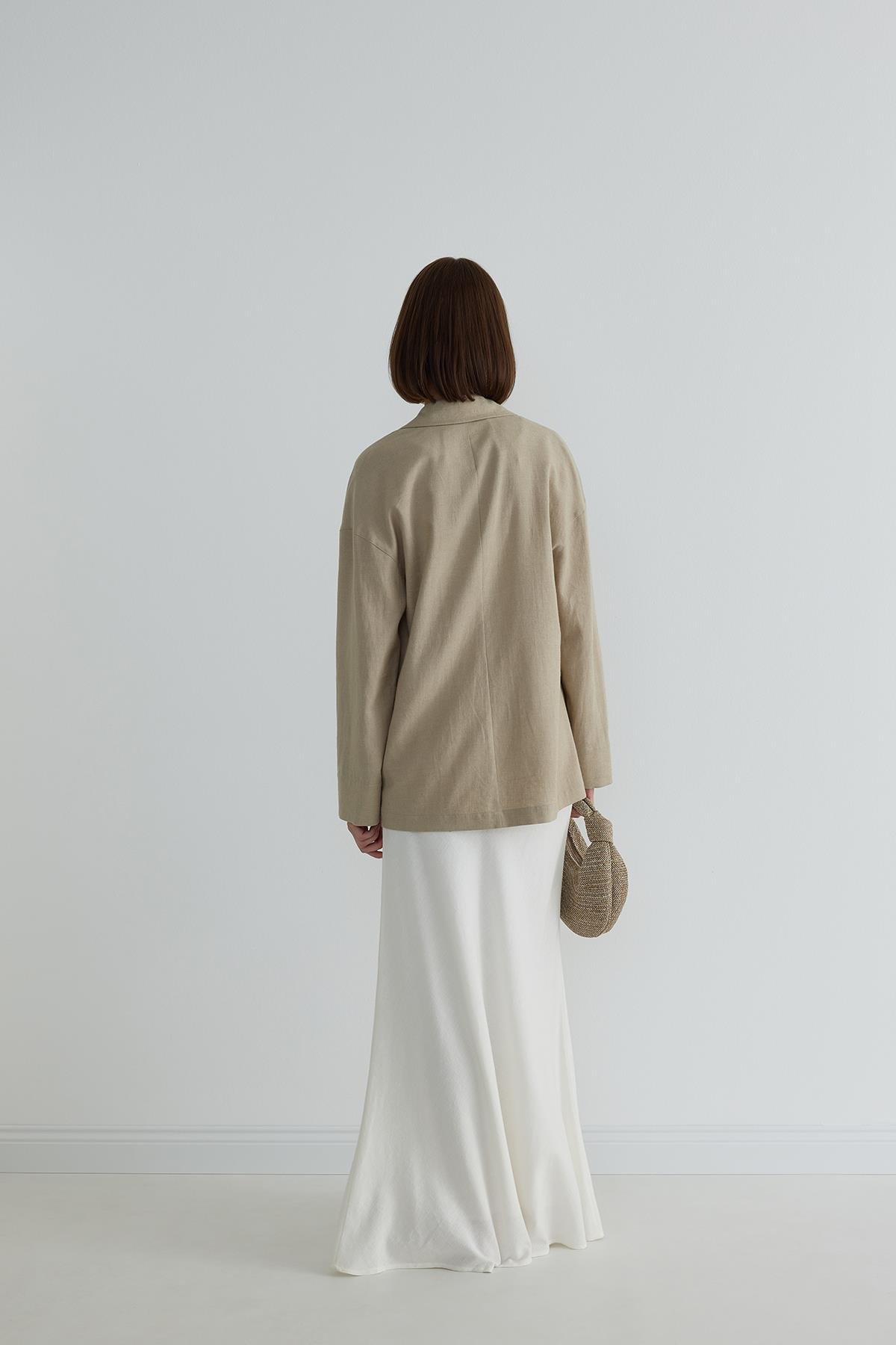 Beyaz Merve Keten Maxi Etek