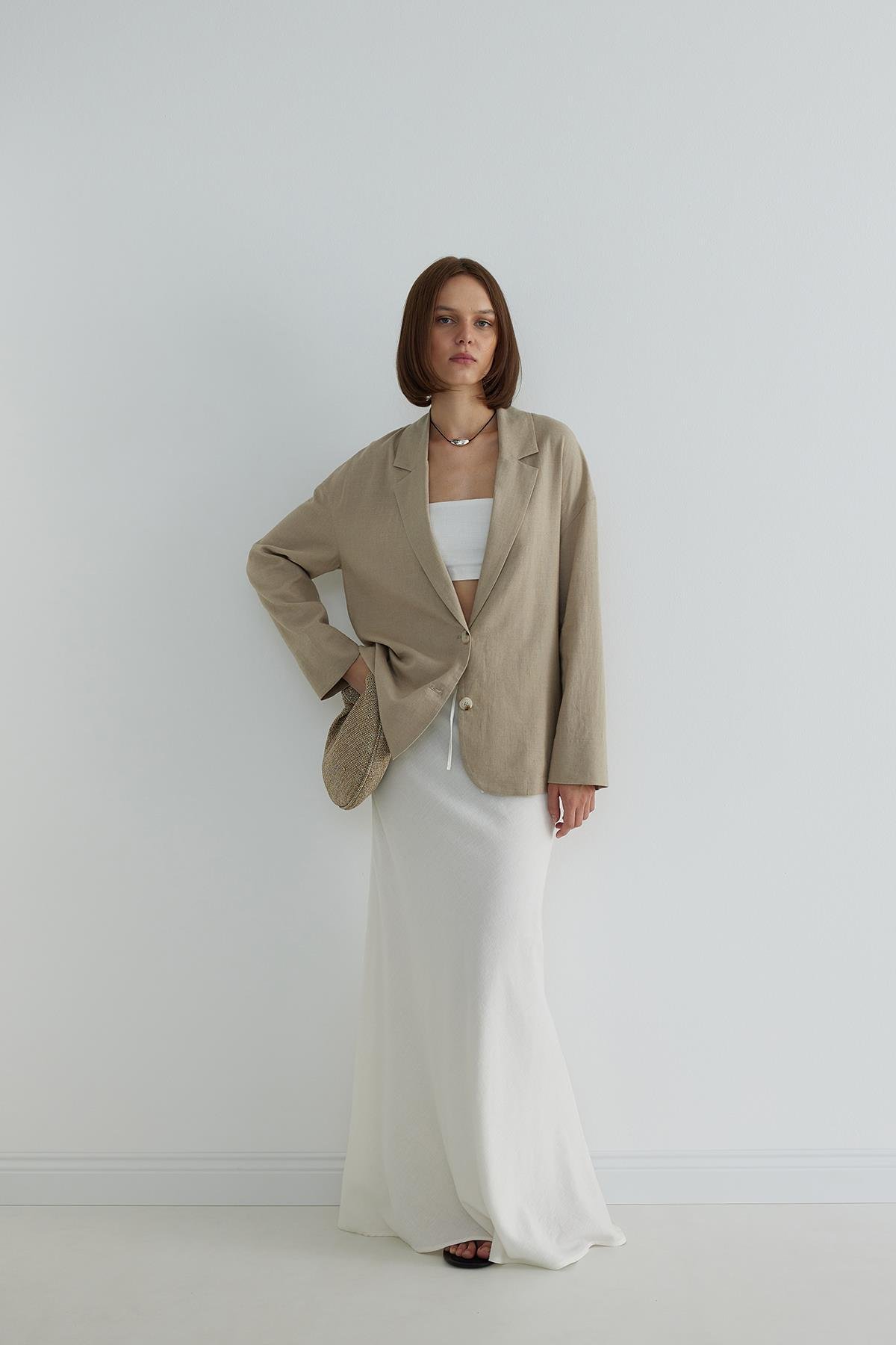 Beyaz Merve Keten Maxi Etek