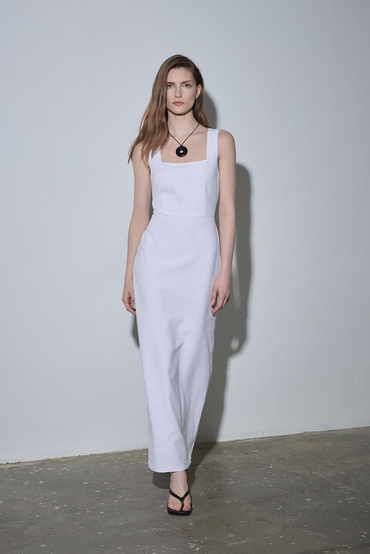 Beyaz Monik Kare Yaka Keten Elbise