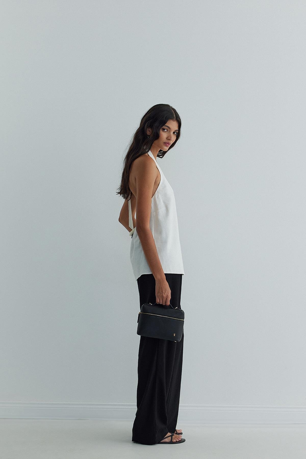 Beyaz Serena Bağlamalı Keten Yelek Bluz