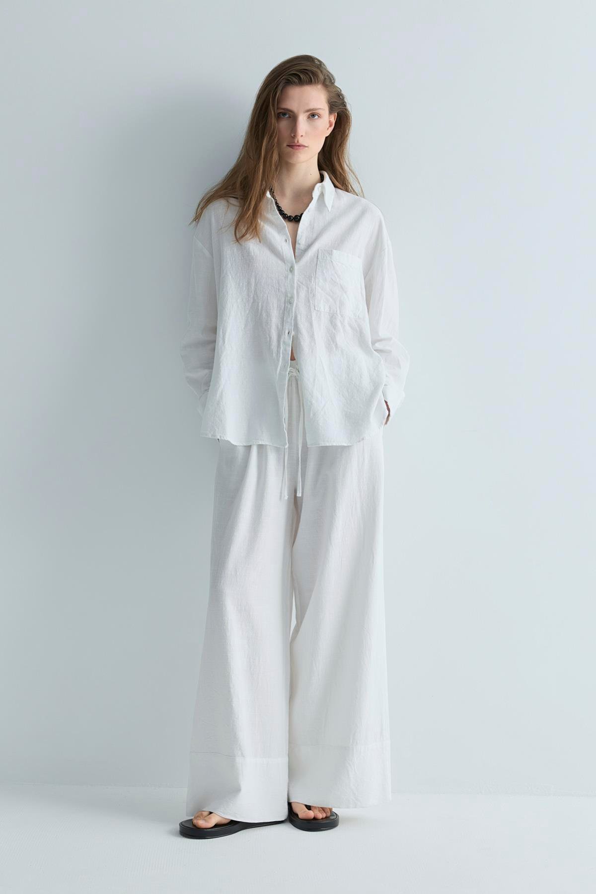 Beyaz Serin Palazzo Keten Pantolon