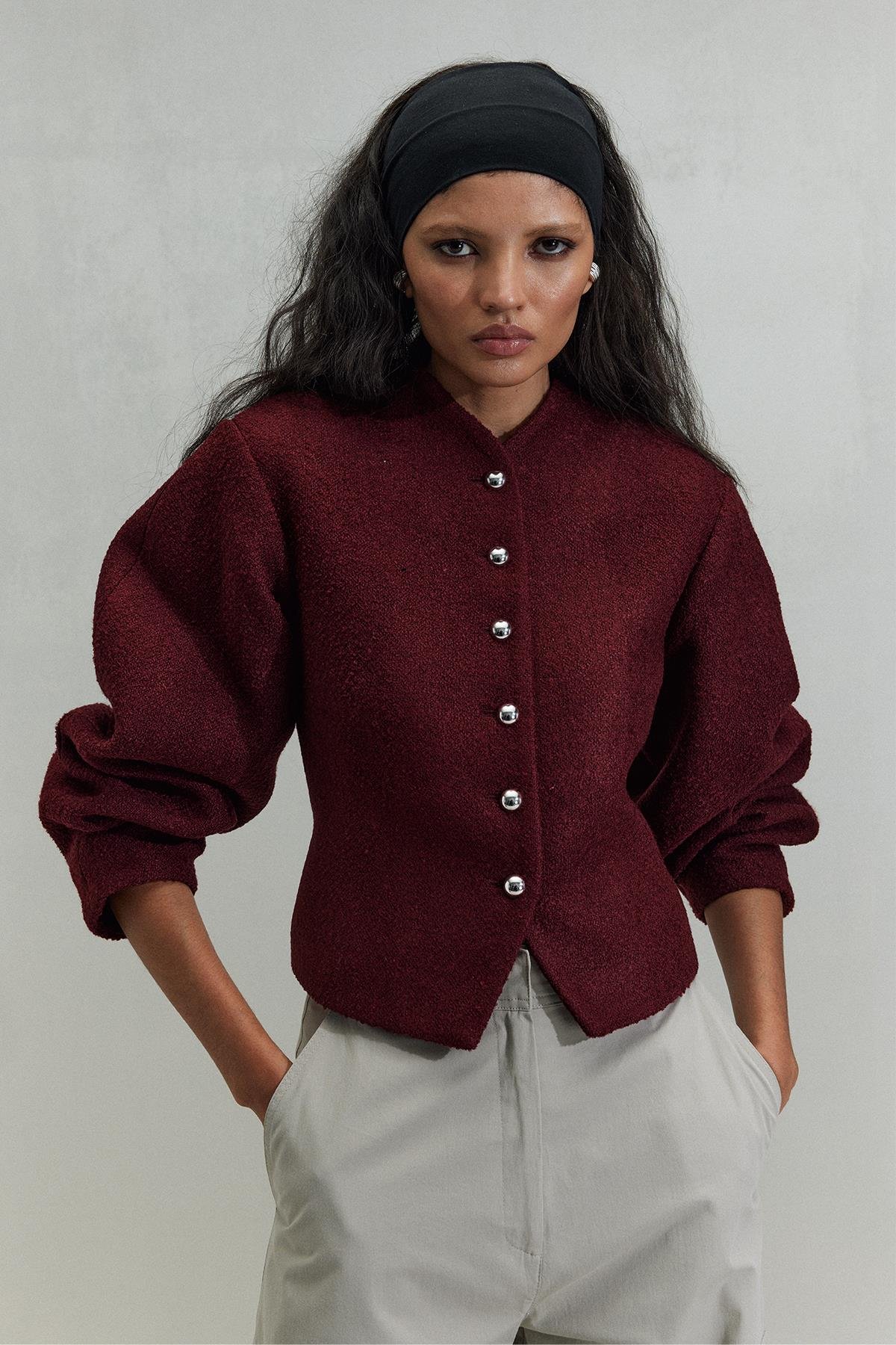 Bordo Gigi Belden Oturtmalı Ceket