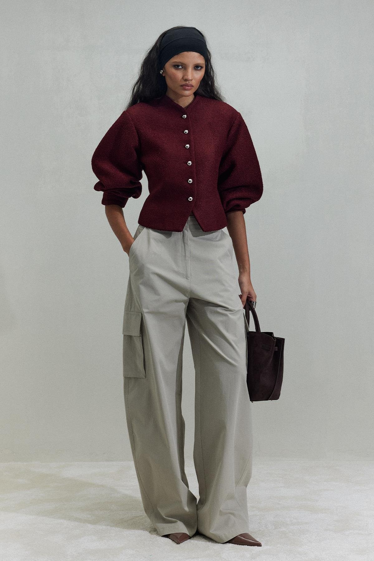 Bordo Gigi Belden Oturtmalı Ceket