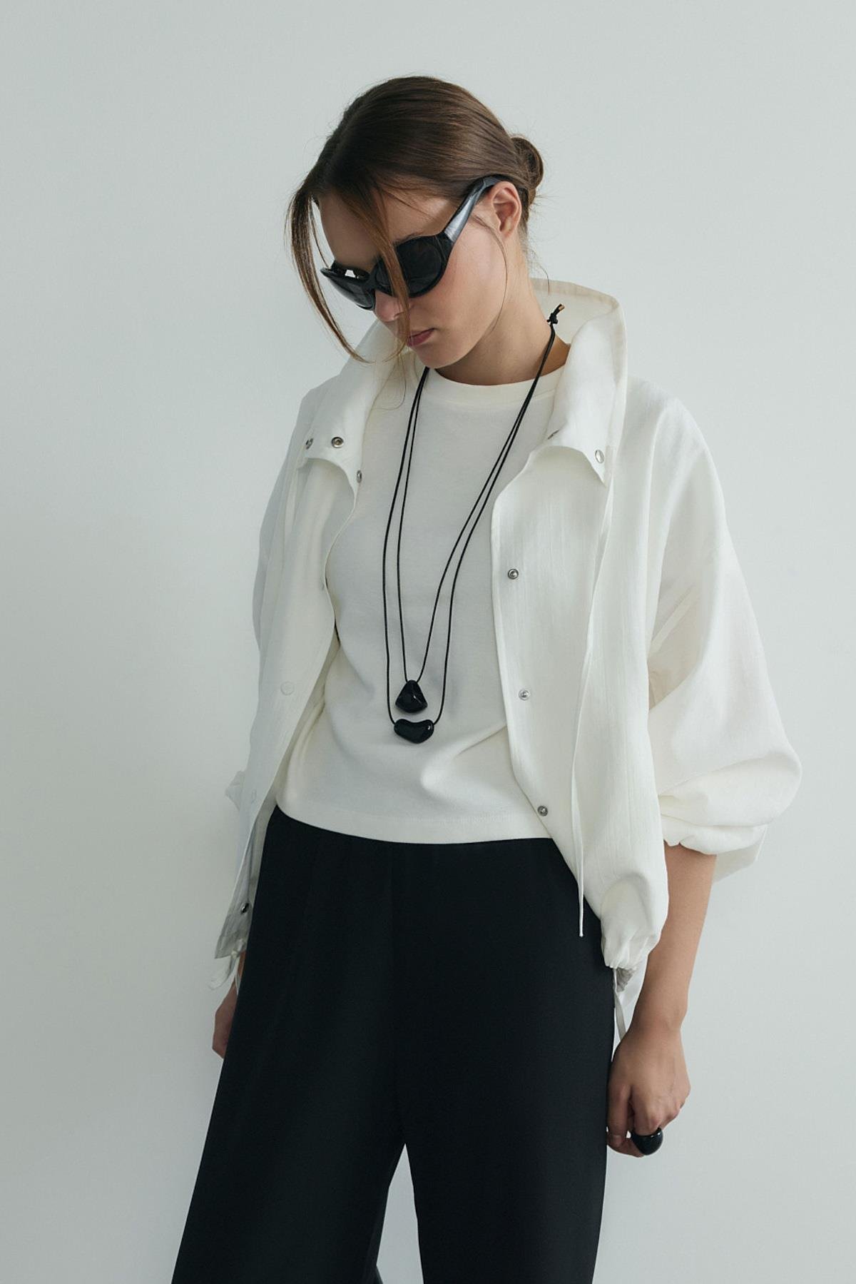 Ekru İnez Dökümlü Bomber Ceket