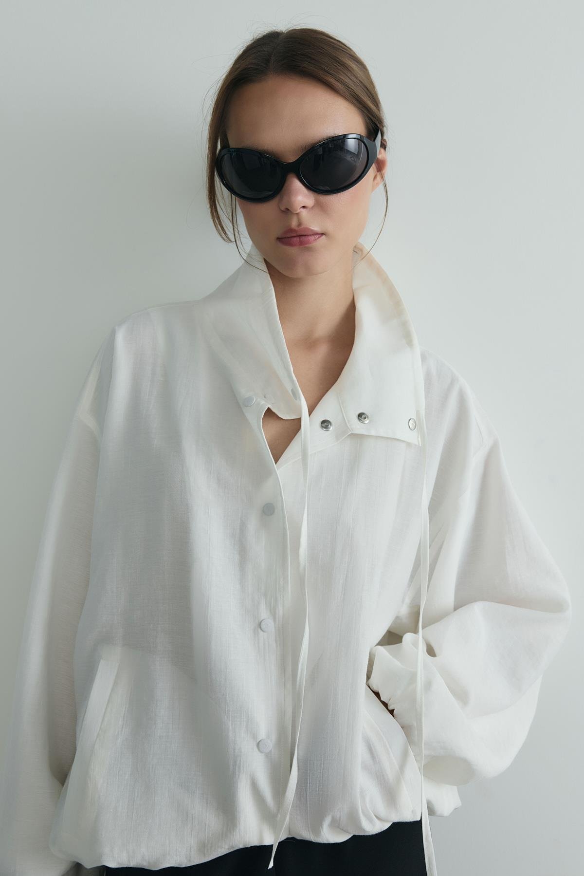 Ekru İnez Dökümlü Bomber Ceket