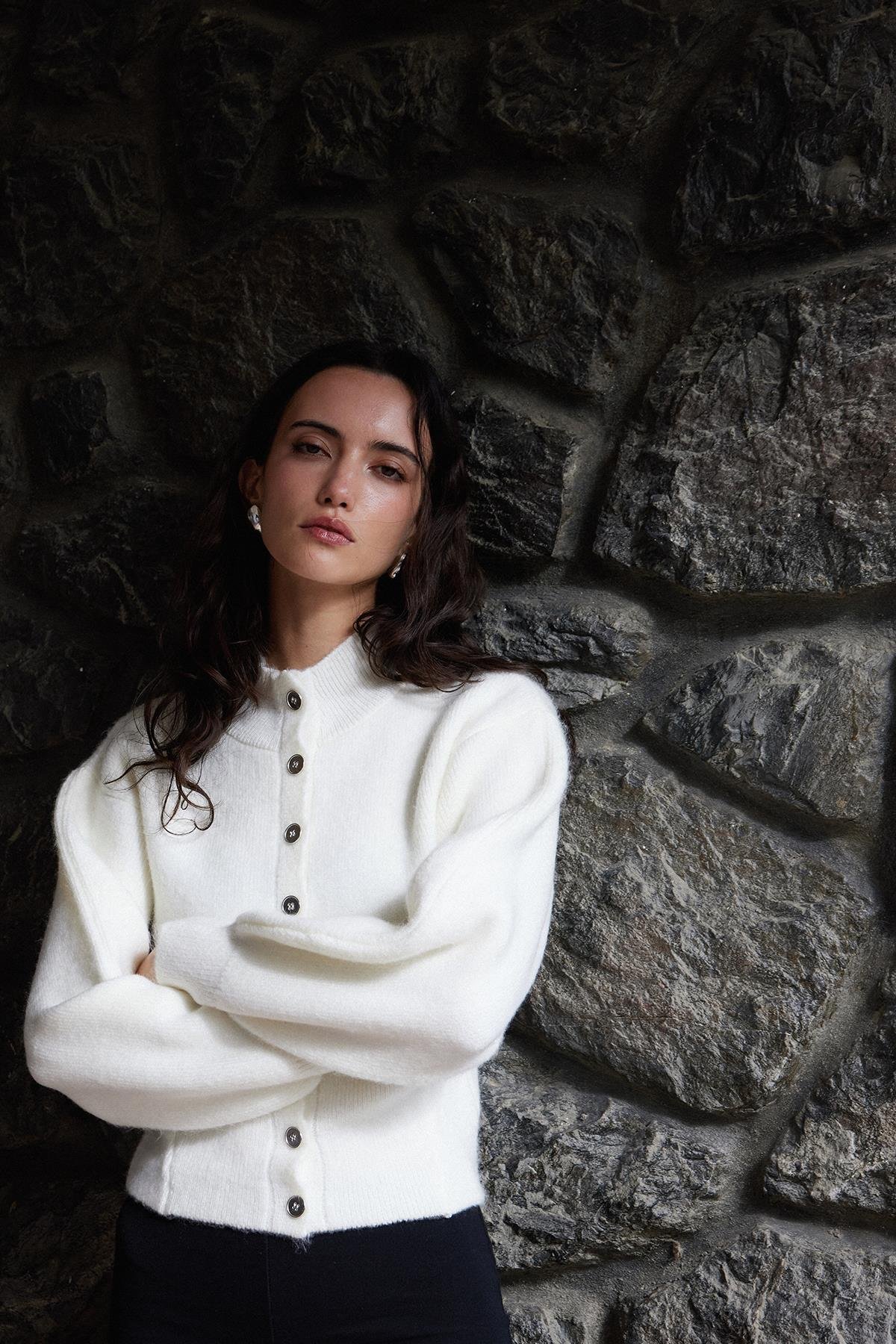 Ekru Mindy Balon Kol Triko Hırka