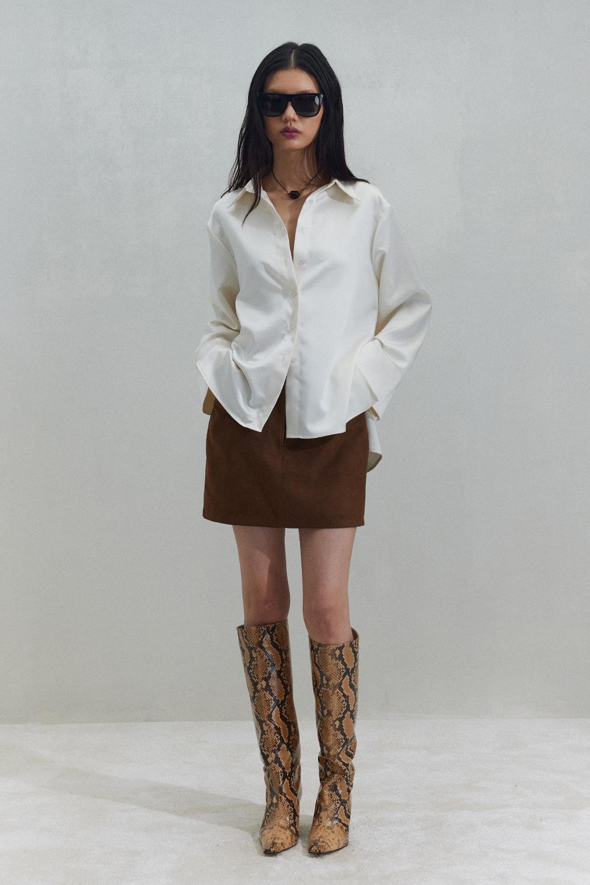 Ekru Pol Saten Gömlek