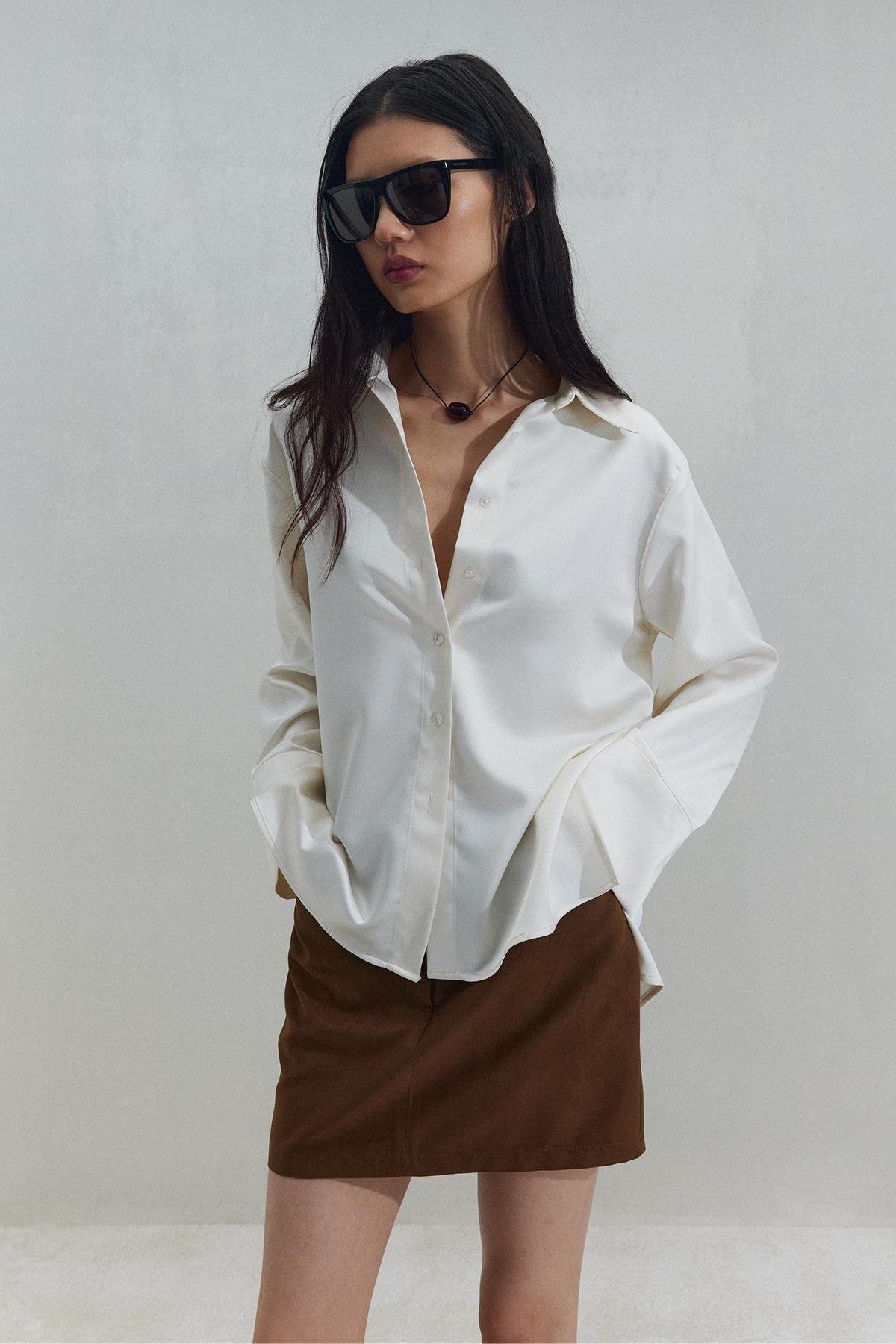 Ekru Pol Saten Gömlek