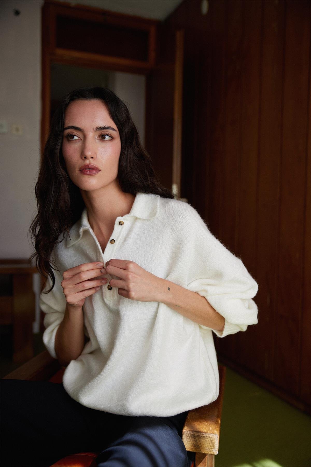 Ekru Rani Polo Yaka Oversize Kazak