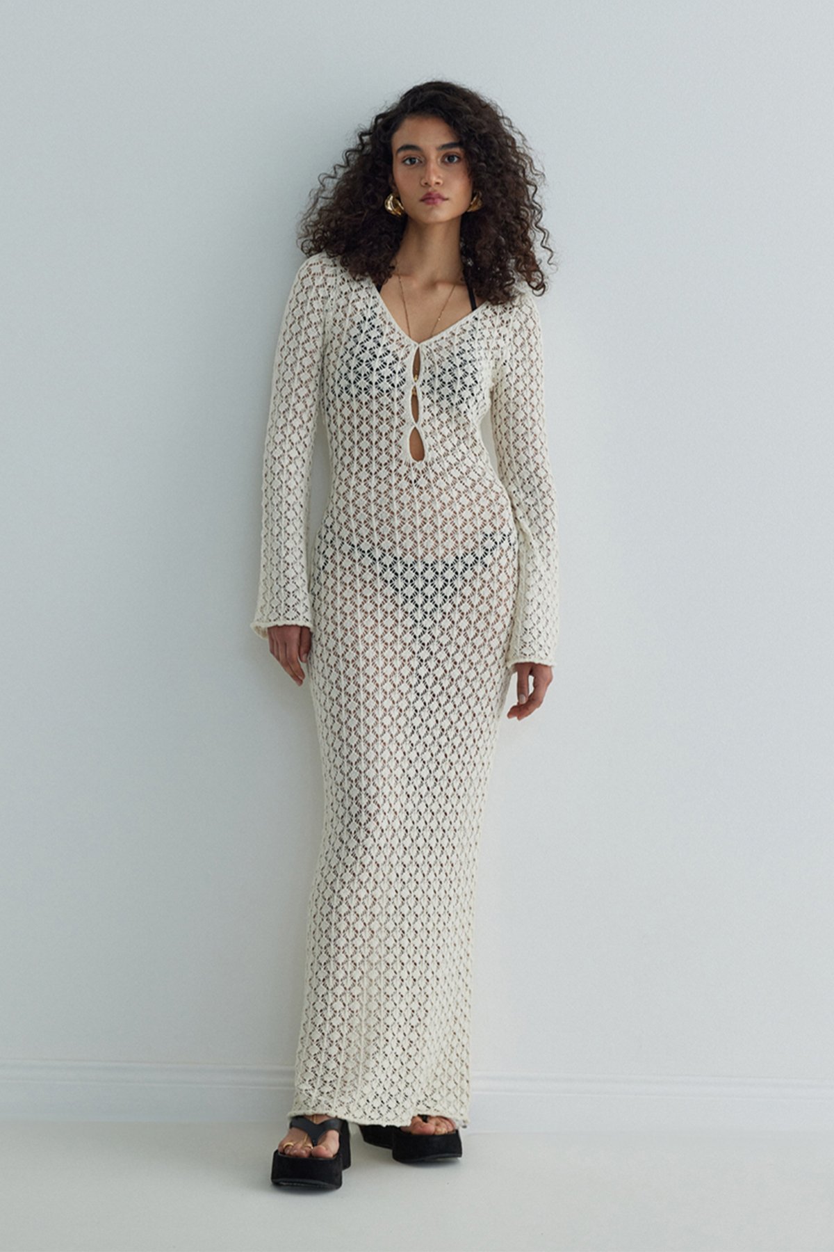 Ekru Sienna Ajurlu Maxi Elbise