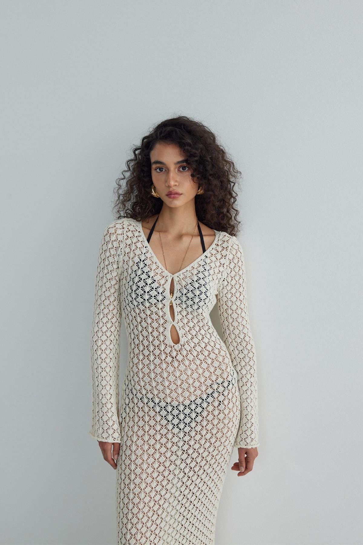 Ekru Sienna Ajurlu Maxi Elbise