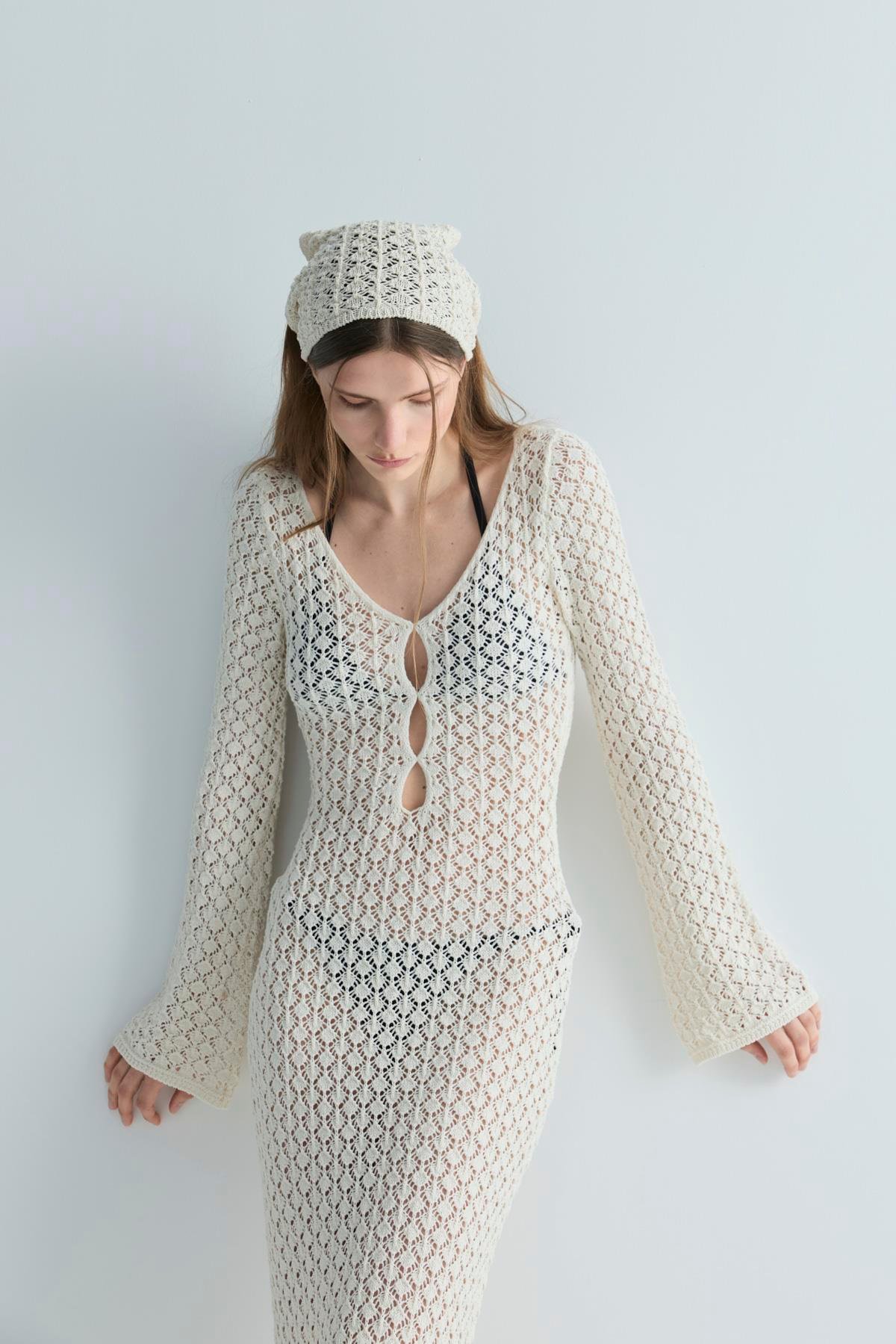 Ekru Sienna Ajurlu Maxi Elbise