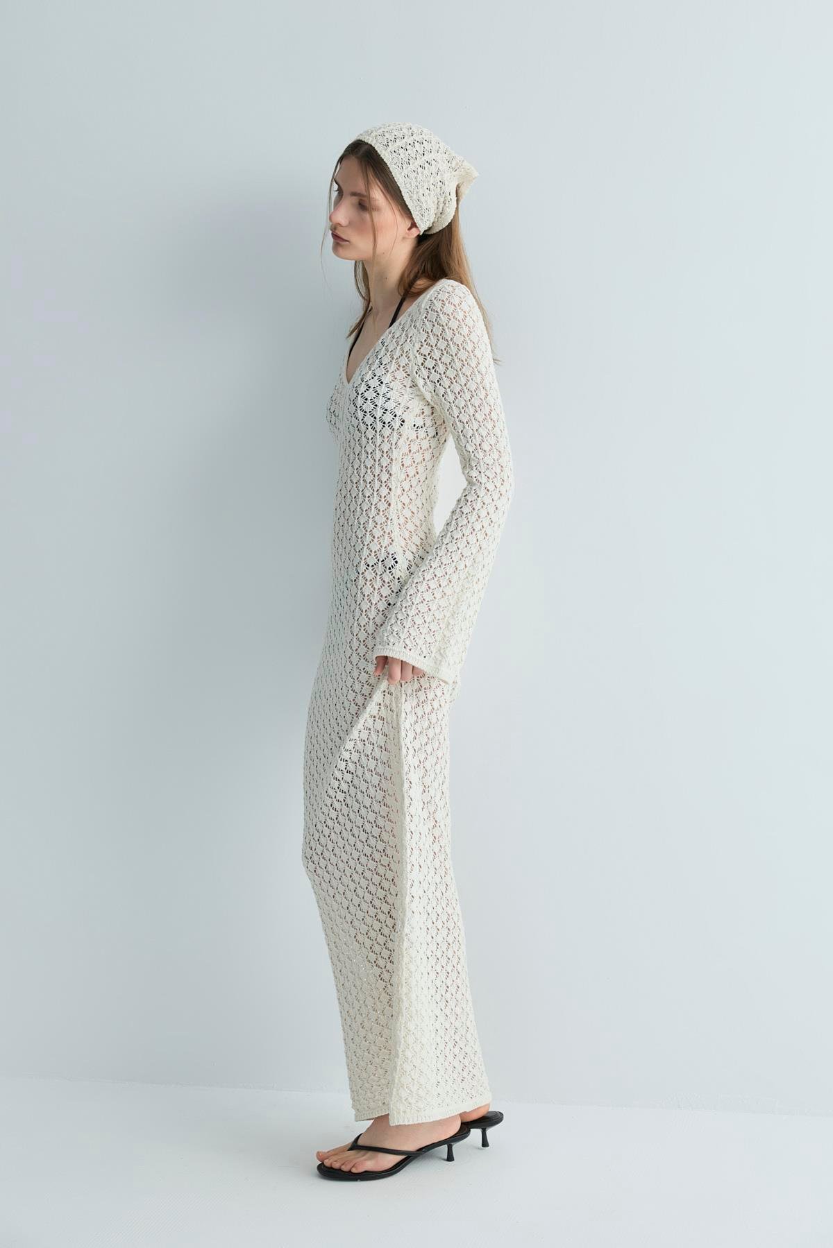 Ekru Sienna Ajurlu Maxi Elbise