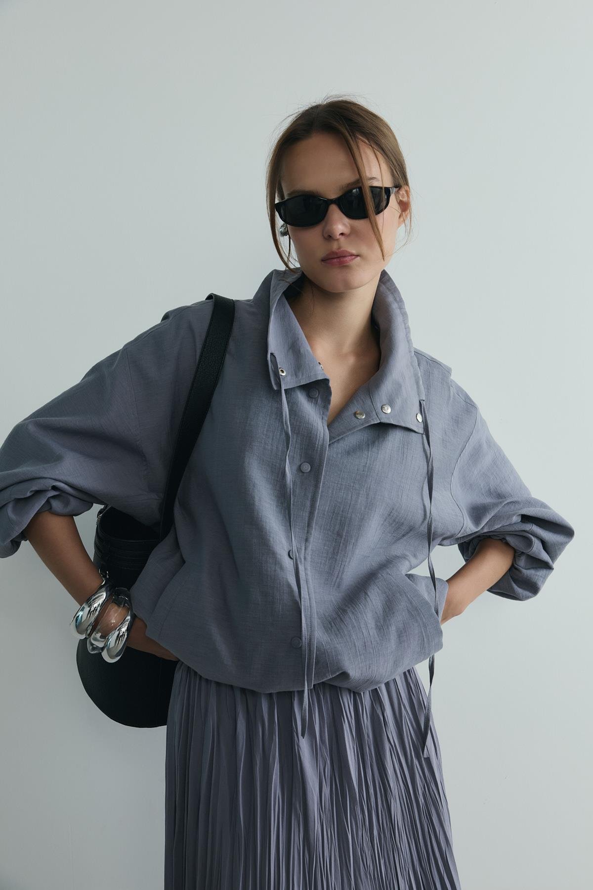 Gri İnez Dökümlü Bomber Ceket